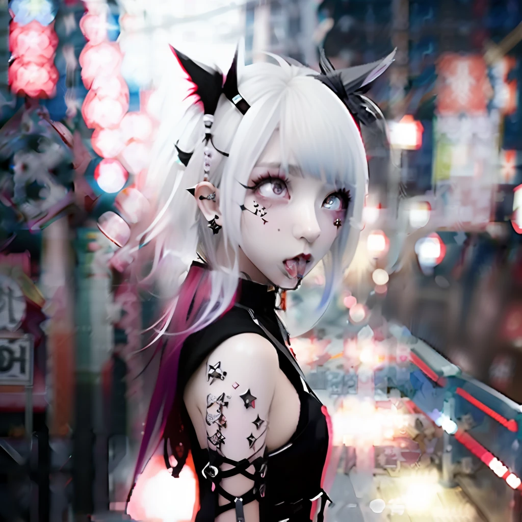 Red-haired、goth_punk, 1girl in, 独奏, medium shot, Walking in Harajuku, ((during night)), bokeh dof, Neon light, Iridescent eyes, starrysky, Red glowing hair, White eyebrows, Radiant hair, (iridescent white hair), 耳Nipple Ring, bangss, jewely, masks, bluntbangs, verd s eyes, Mouth, hair adornments, Looking at viewer, shorth hair, portraitures, side locks, front facing, facing forwards