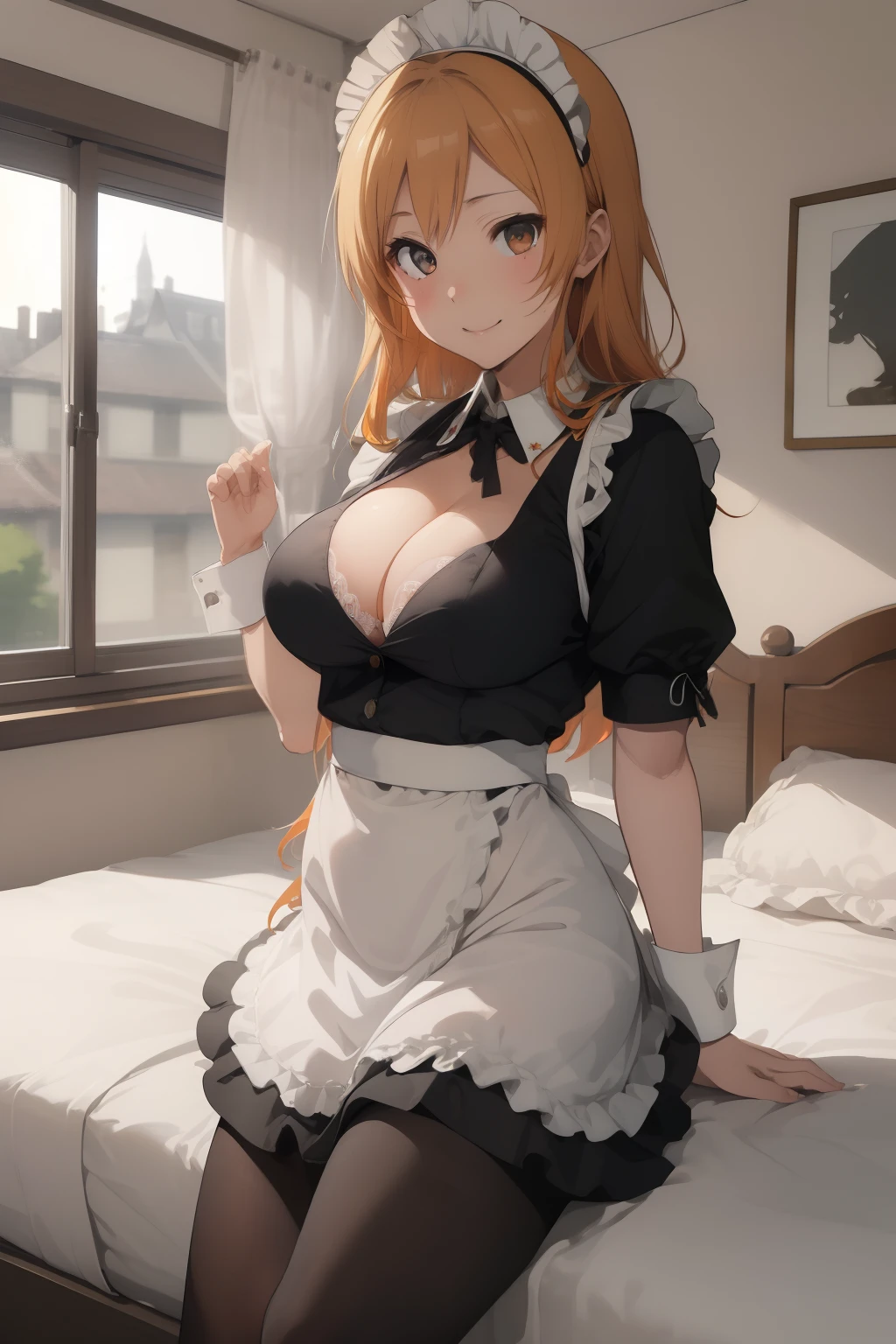 (masterpiece、top-quality、top-quality、Beautifully Aesthetic:1.2)、ighly detailed、highestdetailed、grey eyes、orange color hair|Semi-long blonde hair、cleavage of the breast、((maid clothes))、(pantyhose)、(a miniskirt)、(White cuffs)、
Matsumoto Rangiku、graffiti art、Look at the viewer、A smile、Bedroom、on the beds
