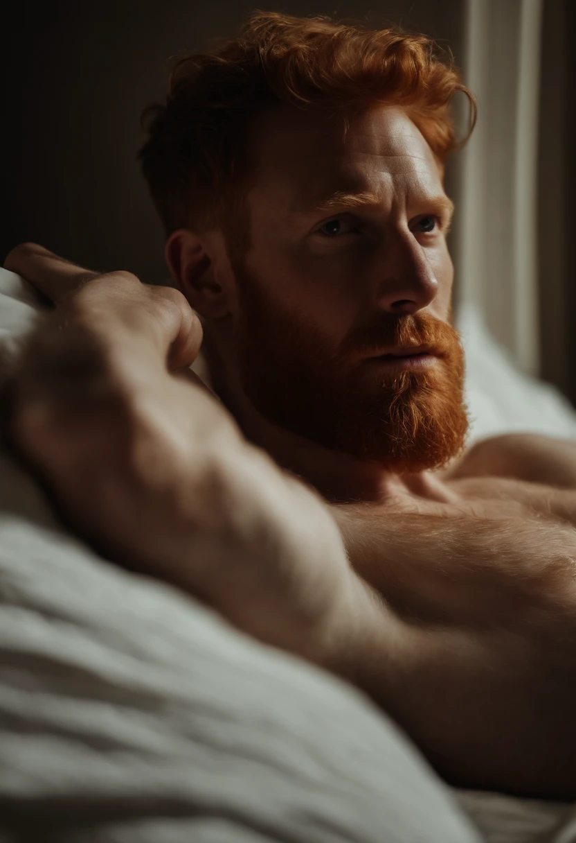 hairy ginger dad laying naked on bed, cum shooting out of his hard penis