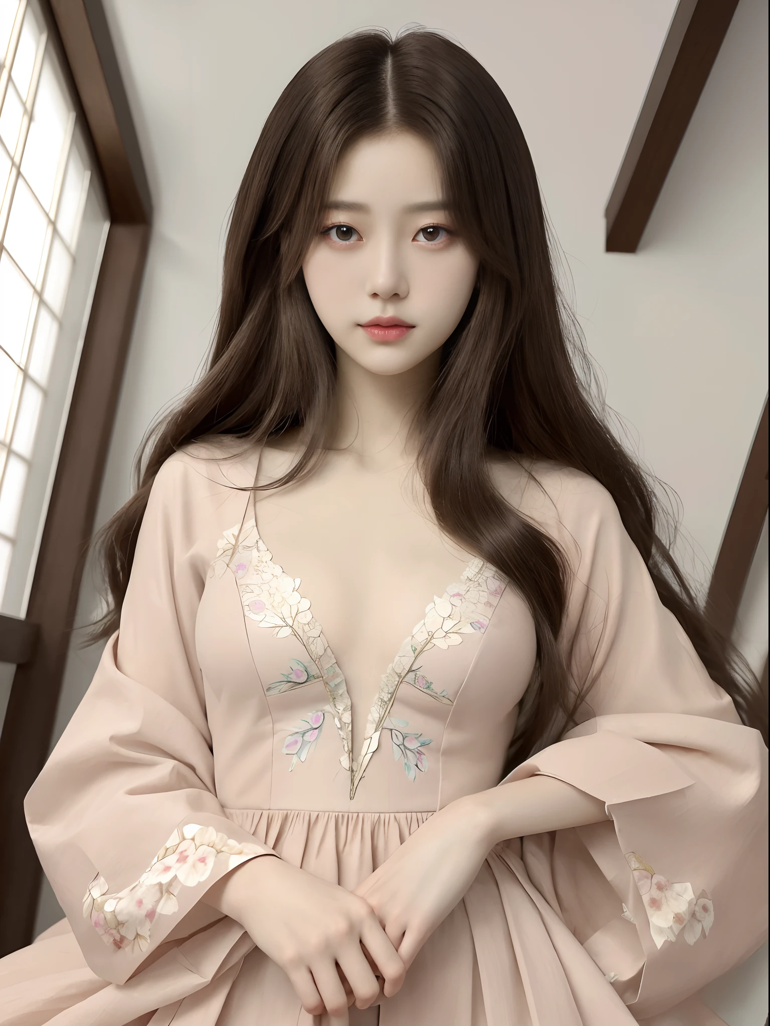 masterpiece, top-quality, (((masterpiece))), (((Highest grade))), ((Special Adjustment)), (illustration), ((Extremely Delicate and Beautiful)), dynamic angle, Floating, (beautiful detail eyes), (detailed lighting), (1 girl), mediuml breasts, medium-length hair, The eyes are shiny, dark brown., dark-brown hair, bodycon dress, natural, (sunlight), (painting), (sketch), (floral), slight smile, pastel color, Complete Anatomy,korean girl, Beautiful faces with high detail,