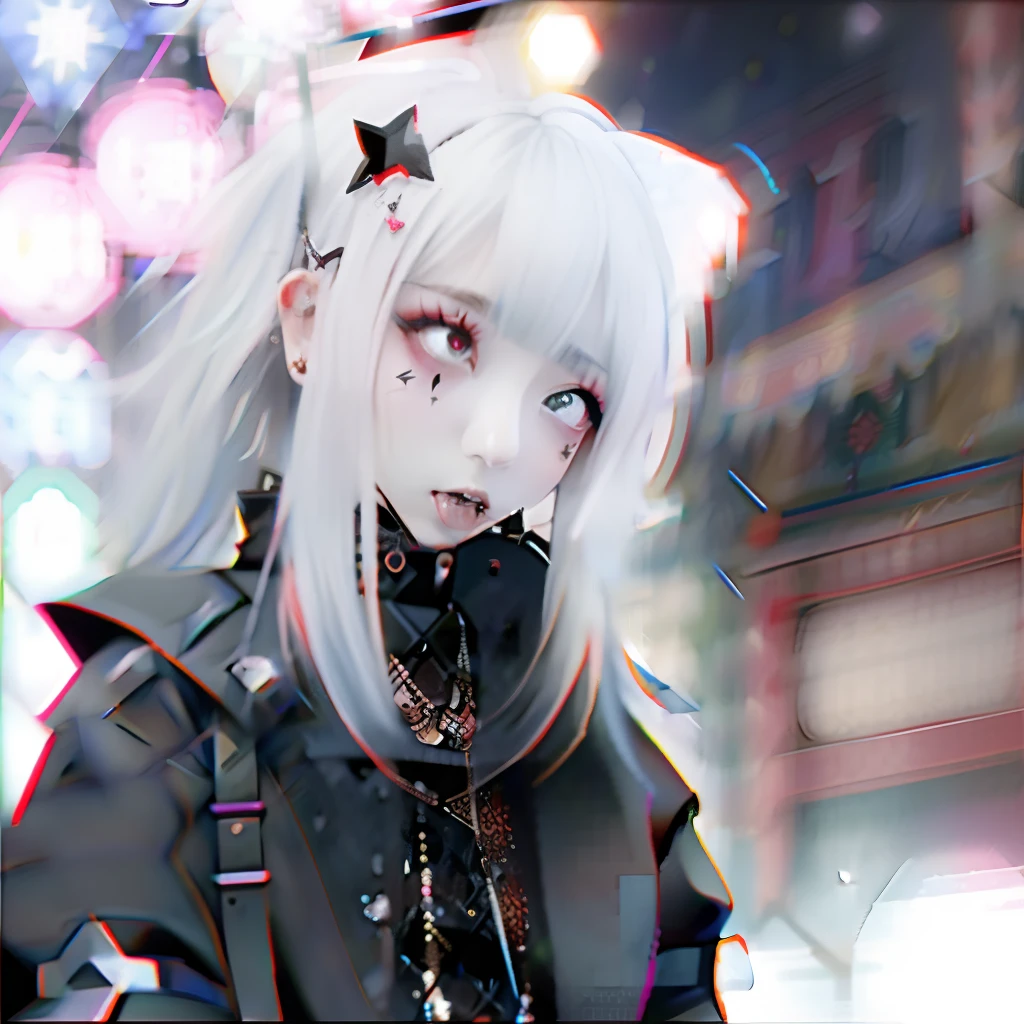 Red-haired、goth_punk, 1girl in, 独奏, medium shot, Walking in Harajuku, ((during night)), bokeh dof, Neon light, Iridescent eyes, starrysky, Red glowing hair, White eyebrows, (iridescent white hair), 耳Nipple Ring, bangs, jewely, masks, bluntbangs, Mouth, hair adornments, Looking at viewer, short hair, portraitures, side locks, front facing, facing forwards
