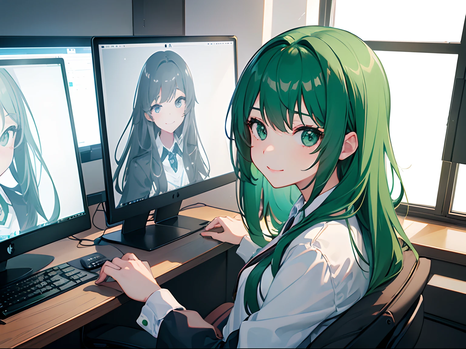 1girl in,s Office、Girl sitting on seat operating computer、((Large screen iMac)), 20yr old、Fashionable、photographed from the back、(From  above), ((a closeup:1.2))、The upper part of the body、Turned、A smile、Green head hair、semi long hair、Dark blue business suit