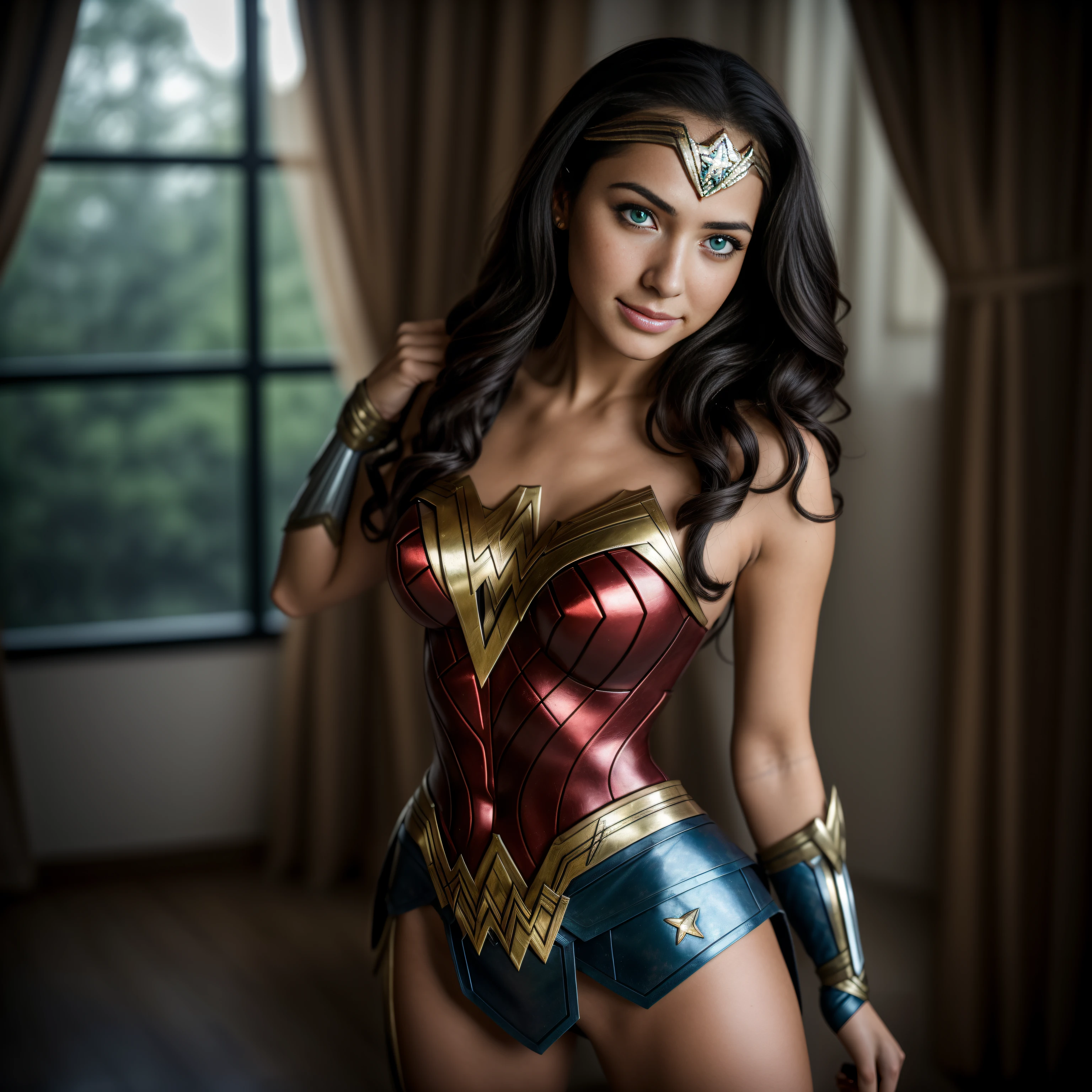 ((wonder woman costume, sexy costume)), quebrar, ((seductive smile)), sexy, quebrar, sensual, quebrar, decote, quebrar, peitinhos, quebrar, Stand up to look at the camera, quebrar, poucas roupas, quebrar, ((green eyes:1.3)), quebrar, RAW photo, analogue, Nikon Z 85 mm, fotografiagrafia, ((melhor qualidade)), ((obra-prima)), ((realista)), detalhes intrincados, altamente detalhado, foco nítido, profissional, 16k, alta resolução, detailedfacialfeatures, alto detalhe, foco nítido, liso , aesthetic, extremamente detalhado, fotografia_\(Ultra\), fotografiarrealista, realista, Post-processing, Maximum detail, aspereza, vida real, Ultra realista, renderizado, fotografiagrafia, 8k UHD, fotografiagrafia, luz SEMI-SILHUETA, quebrar, Mariana is a 19-year-old university student who radiates a peculiar combination of innocence and determination. Seus olhos verdes profundos, frequentemente perdidos em devaneios, contrastam lindamente com sua pele clara salpicada de sardas. These freckles tell a story of their own, like discreet constellations adorning her cheeks and nose. Seus cabelos, of a dark brown almost mystical, caem longamente, atingindo metade das suas costas, and has a habit of curling up in her fingers when she's thoughtful, ((RAW)), ((high detail skin)), ((8k)), ((long hair)), ((stand on)), ((masterpiece)), ((photo)), ((high detail)), ((focus: 2.3)), HDR camera, ((hight resolution)), ISO 100, f/2.8, 85mm, 1/125s, One Shot,  sad face, [sexy pose], (focus sharp), (intricate), (cinematic lighting), dynamic angle, dynamic pose
