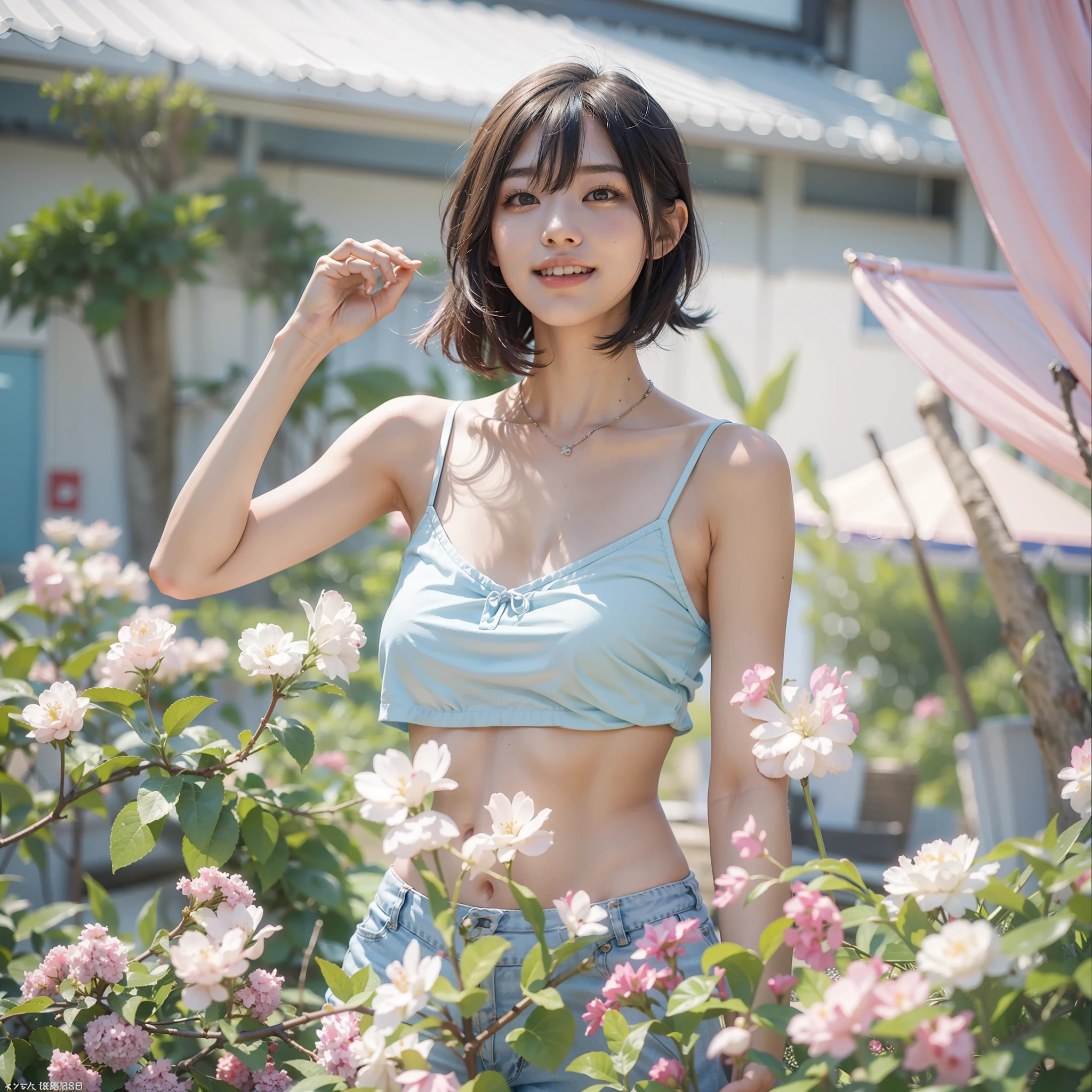 Under the blue summer sky、Laughing Girl、Camisole、Asian woman smiling at Alafe,、Young Pretty Gravure Idol, Young skinny gravure idol, Realistic Young Gravure Idol, Young Sensual Gravure Idol, Japanese Models, Shot with Canon EOA 6 D Mark II, taken with canon eos 5 d mark iv, Young Gravure Idol, Hot with shining sun