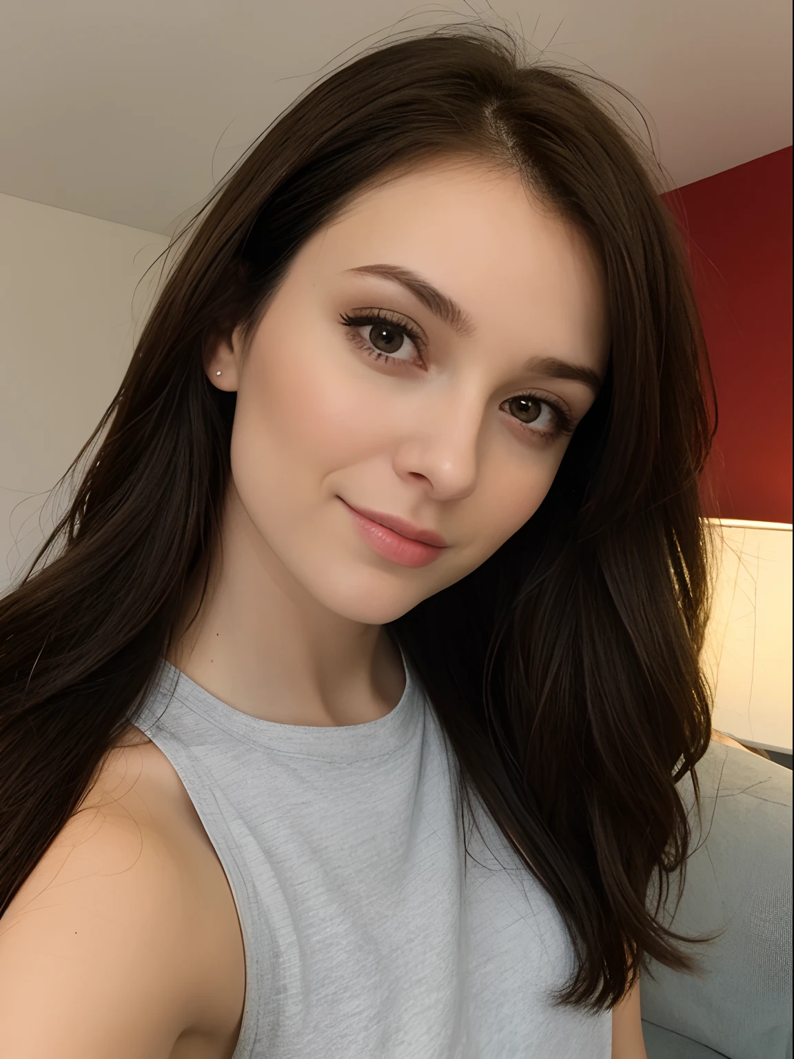 brunette 29 year old woman white shirt no bra selfie, duckface, kiss face