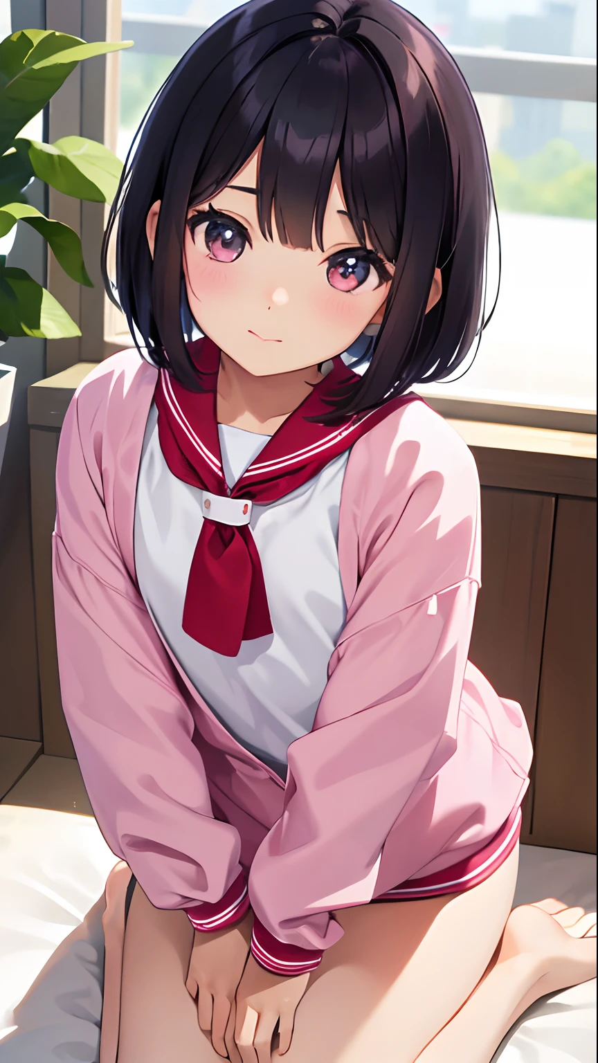ars old girl, ((Medium bob hair)),japanes,pink sailor suit,summer clothing,a miniskirt,Underwear exposure,Physical education sitting ,Kamimei,Face up,小柄,small tits, (light)))), (photographrealistic: 3.0), Rim lighting, (High Detail Skin:1.2), 8K UHD, Digital SLR, High quality, High resolution, 4K, 8K, Bokeh, Best ratio four fingers and one thumb, Cute One Girl,Hugging a stuffed animal