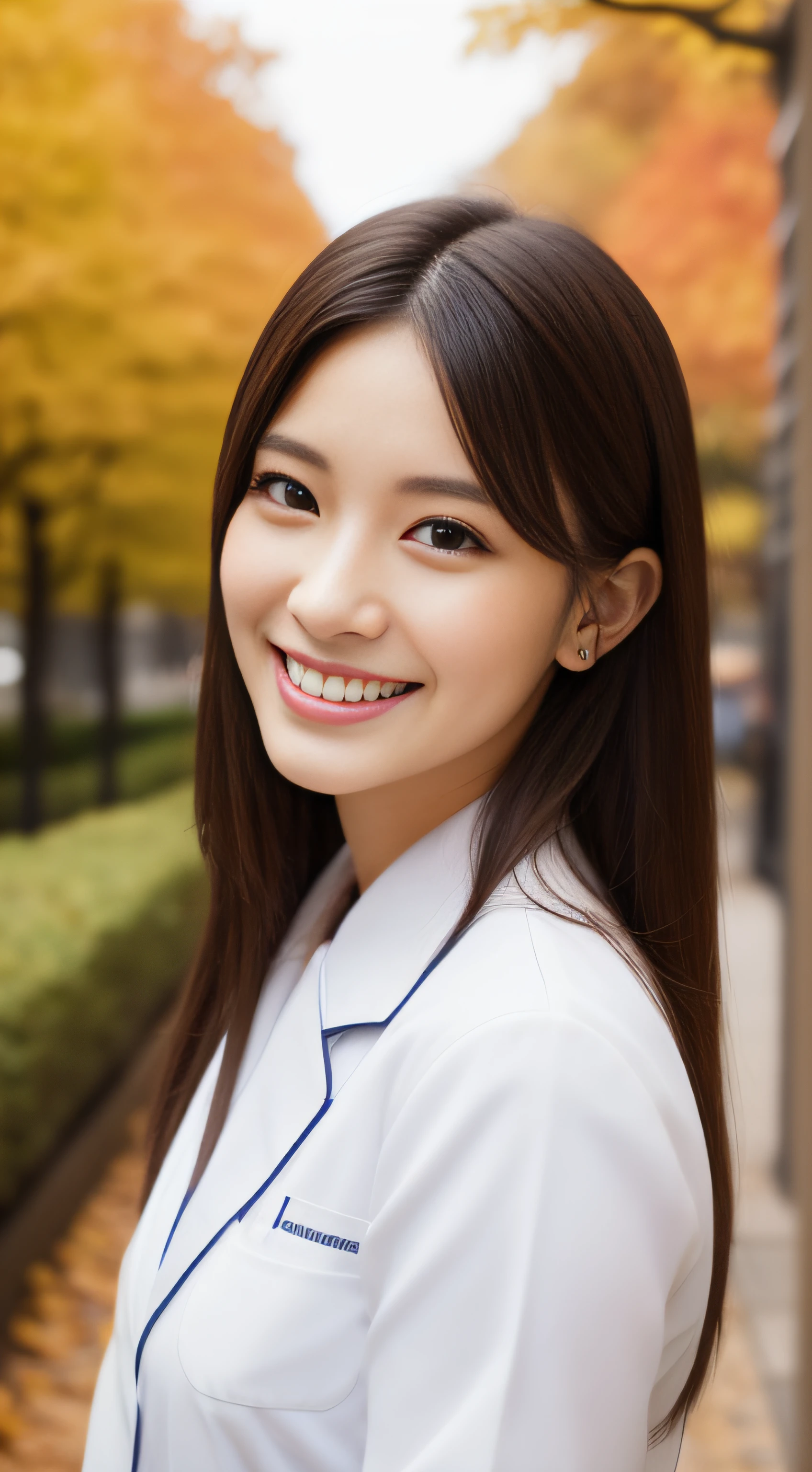 Hostess in Ginza、White nurse uniform、hiquality、A hyper-realistic、healthy、Smiling expression、Slender perfect figure、Japan beauties、beautidful eyes、face perfect、Beautiful skin、Autumn leaves in the background