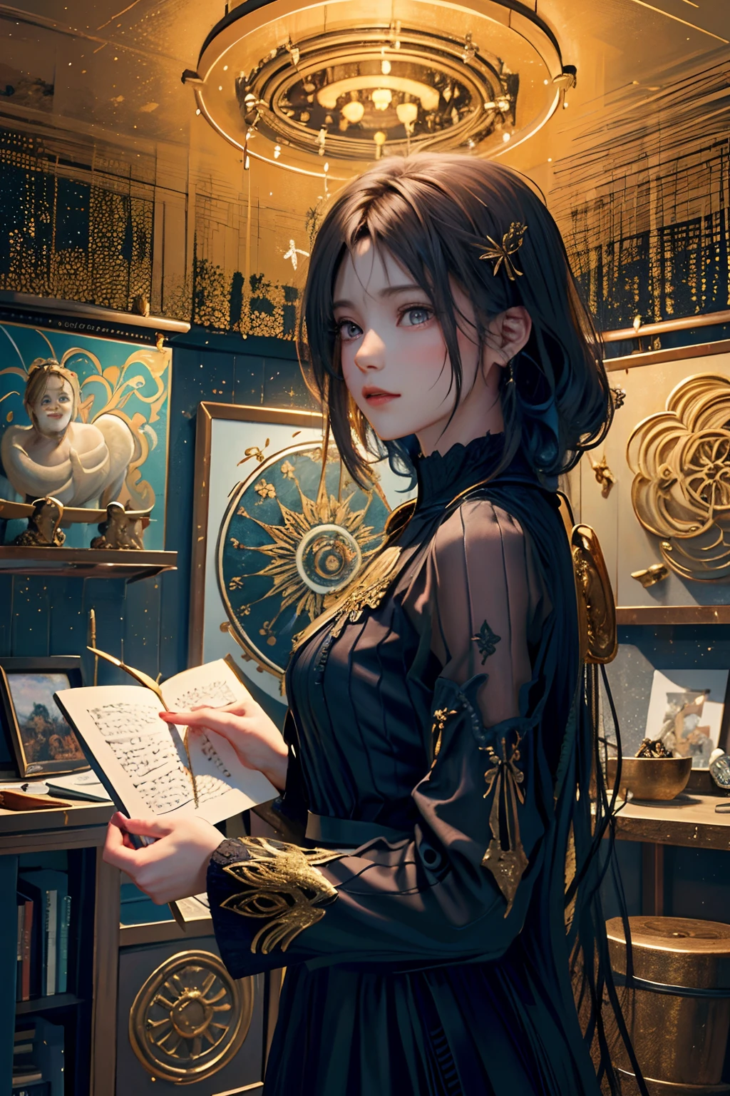 (masterpiece、top-quality、top-quality、Official art、Beautifully Aesthetic:1.2)、(1girl in)、Extreme details、colourfull、highestdetailed、Official art、Unity 8k壁纸、ultra-detailliert、Beautifully Aesthetic、Beautiful fece、masterpiece、top-quality、(Zentangle、a Mandala、Tangles、Entanglement)、Holy Light、gold foil、Gold leaf art、glitter drawing、PerfectNwsjMajmagic、Short Bob
