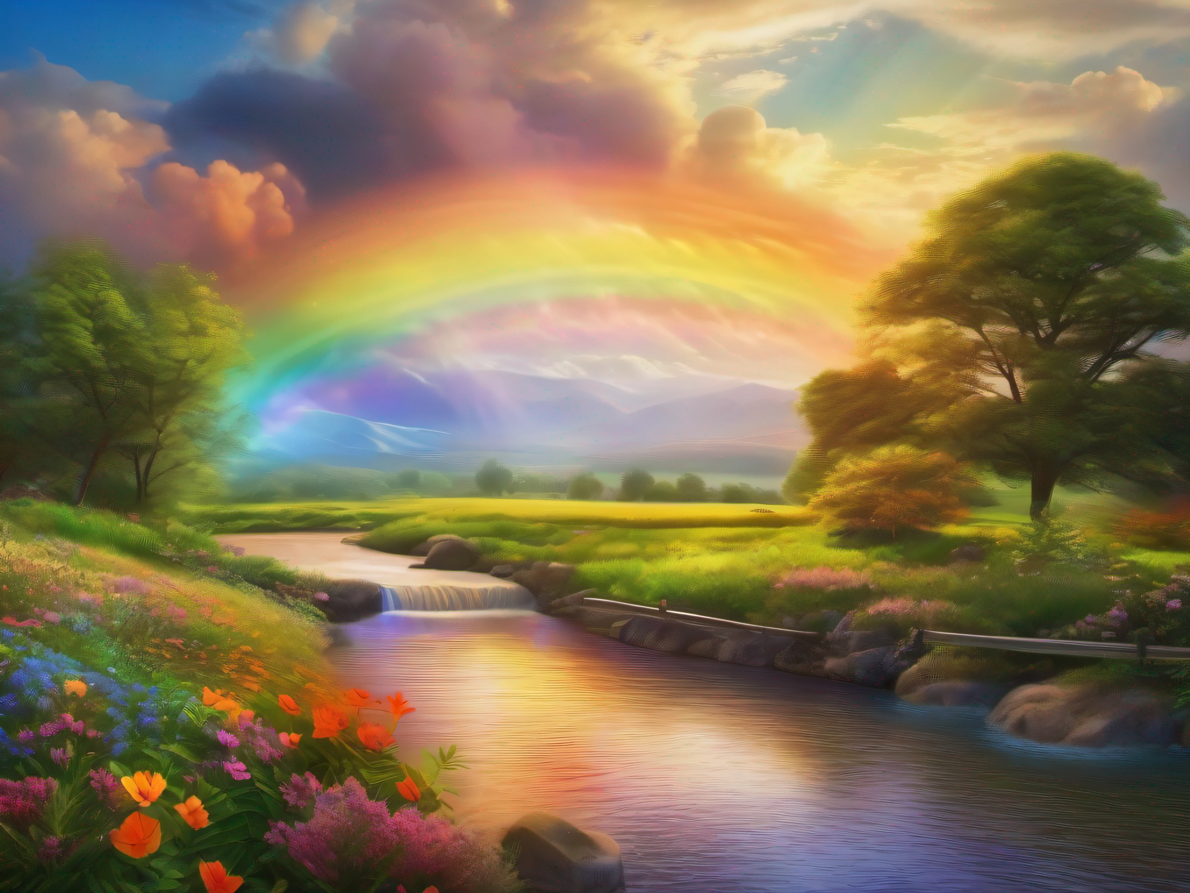 best quality,ultra-detailed,realistic,over the rainbow,landscape,bright colors,vivid sky,flying birds,green meadows,colorful flowers,serene river,peaceful surroundings,soft clouds,natural beauty,sunlight filtering through,impressive view,light breeze,calm atmosphere,magical aura,brilliant colors blend harmoniously,happy and joyous,peaceful and tranquil,beautifully-arched rainbow across the sky,vibrant and breathtaking scenery,a moment of awe and wonder,feeling of serenity,blissful harmony with nature,whisper of enchantment,where dreams come alive