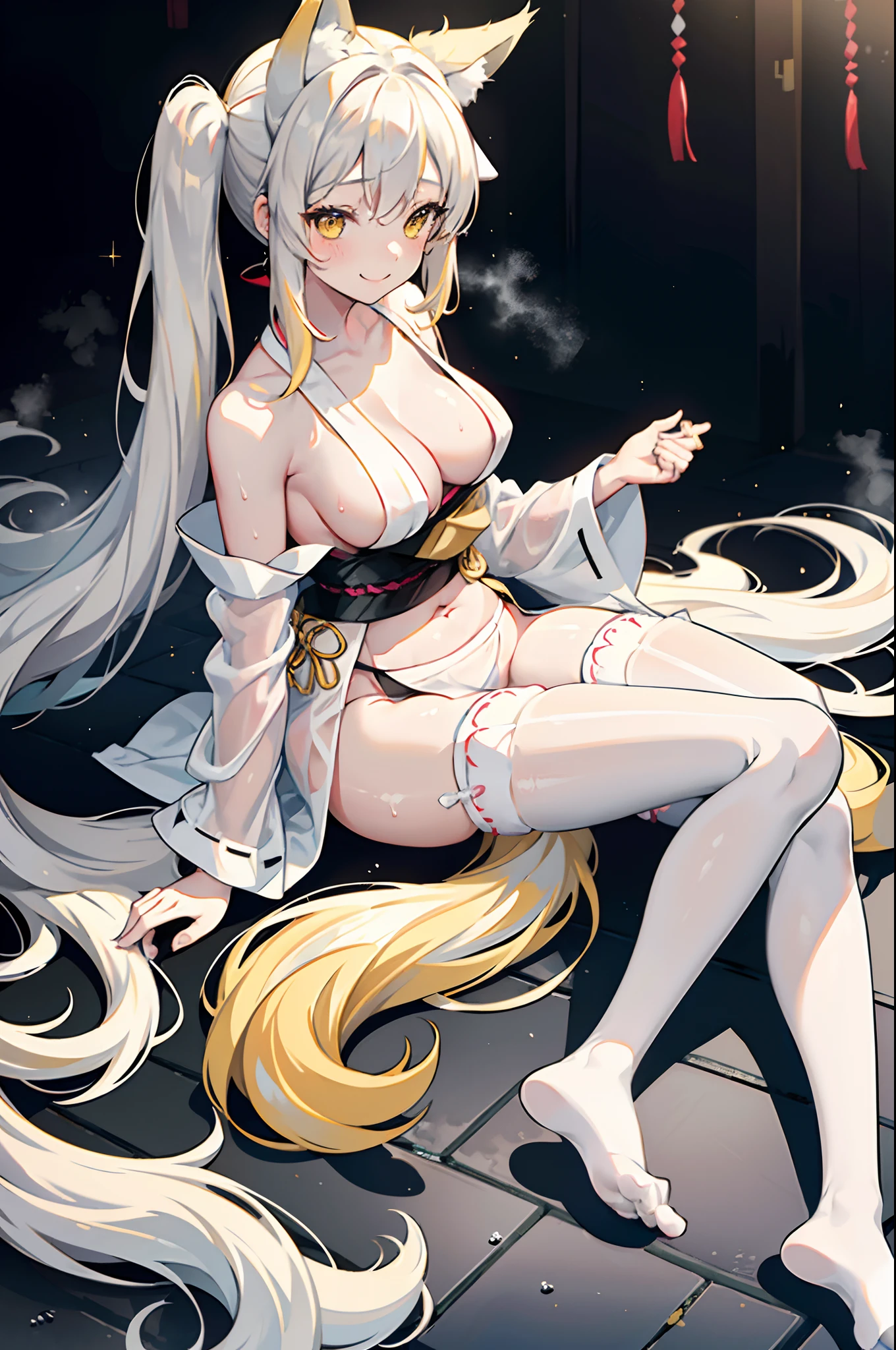 1 girl, solo, twintails, very long hair, young girl, bright blonde hair, yellow eyes, wearing an oversized japanese kimono, open yukata, medium breasts, bare shoulders, maid headdress, navel, exposed belly, smiling, enchanting_girl, (glossy_white_stockings:1.5), (fox_ears:1.1), (wet_clothes:1.2), see-through, sitting, onsen, wet pavement, fumes_magic, (fog:1.3), perfect anatomy