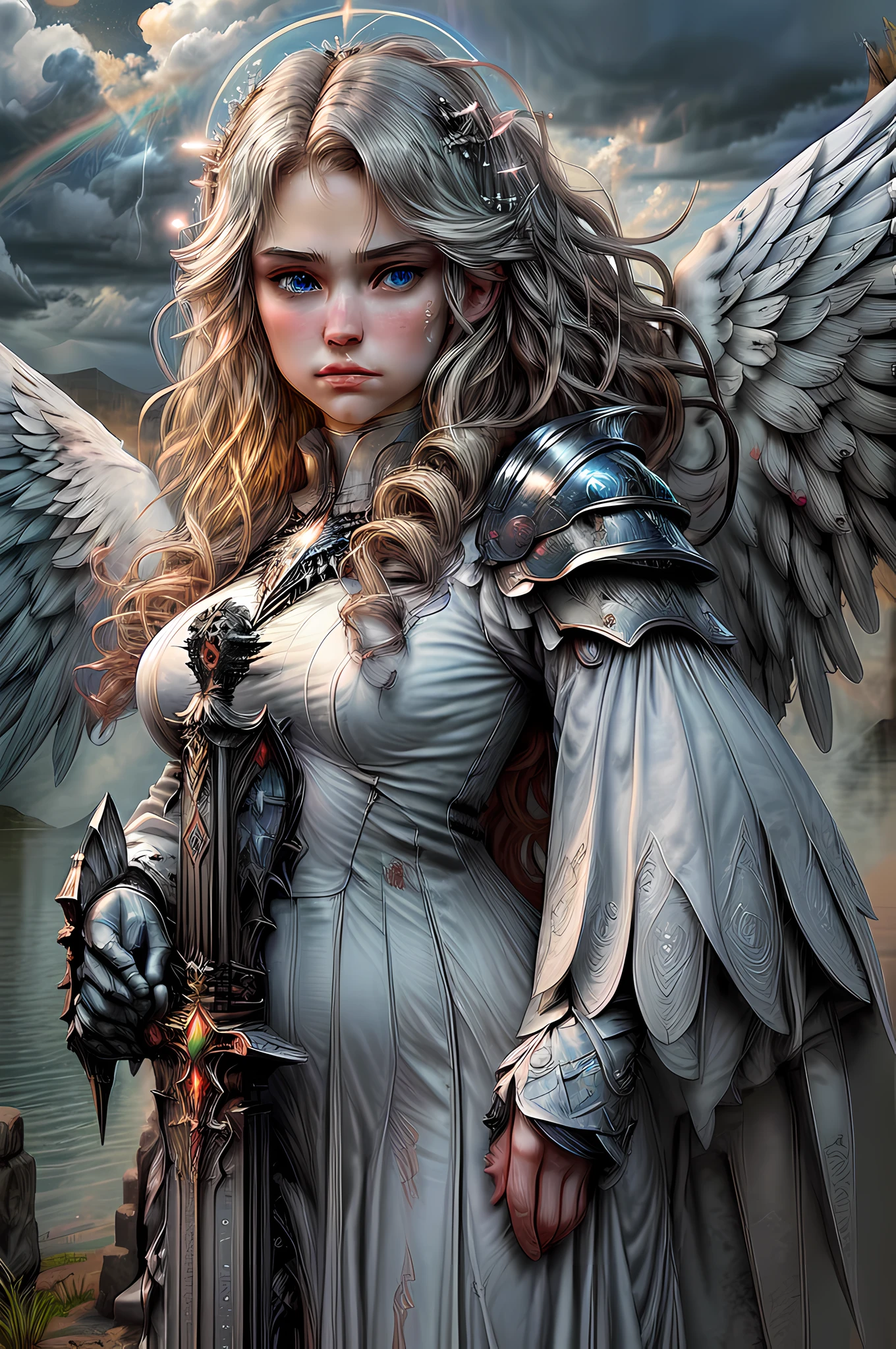 high details, best quality, 16k, [ultra detailed], masterpiece, best quality, dynamic angle, ultra wide shot, RAW, photorealistic, fantasy art, realistic art, a picture of an archangel flying in a cloudy sky a epic rainbow between the clouds, fantasy art, RPG art, full body, an  epic beautiful female archangel, blond hair, long hair, (wavy hair: 1.2), (blue eyes: 1.2), intense eyes  (best detailed face: 1.3), (ultra feminine: 1.3) spread angelic wings angel_wings, wearing heavy armor, (with glowing divine sigils: 1.2), light clouds in the background, a  n epic (rainbow: 1.3)  between the clouds, 6k, ultra detailed, masterpiece, best quality, ultra detailed, full body, ultra wide shot, photorealistic