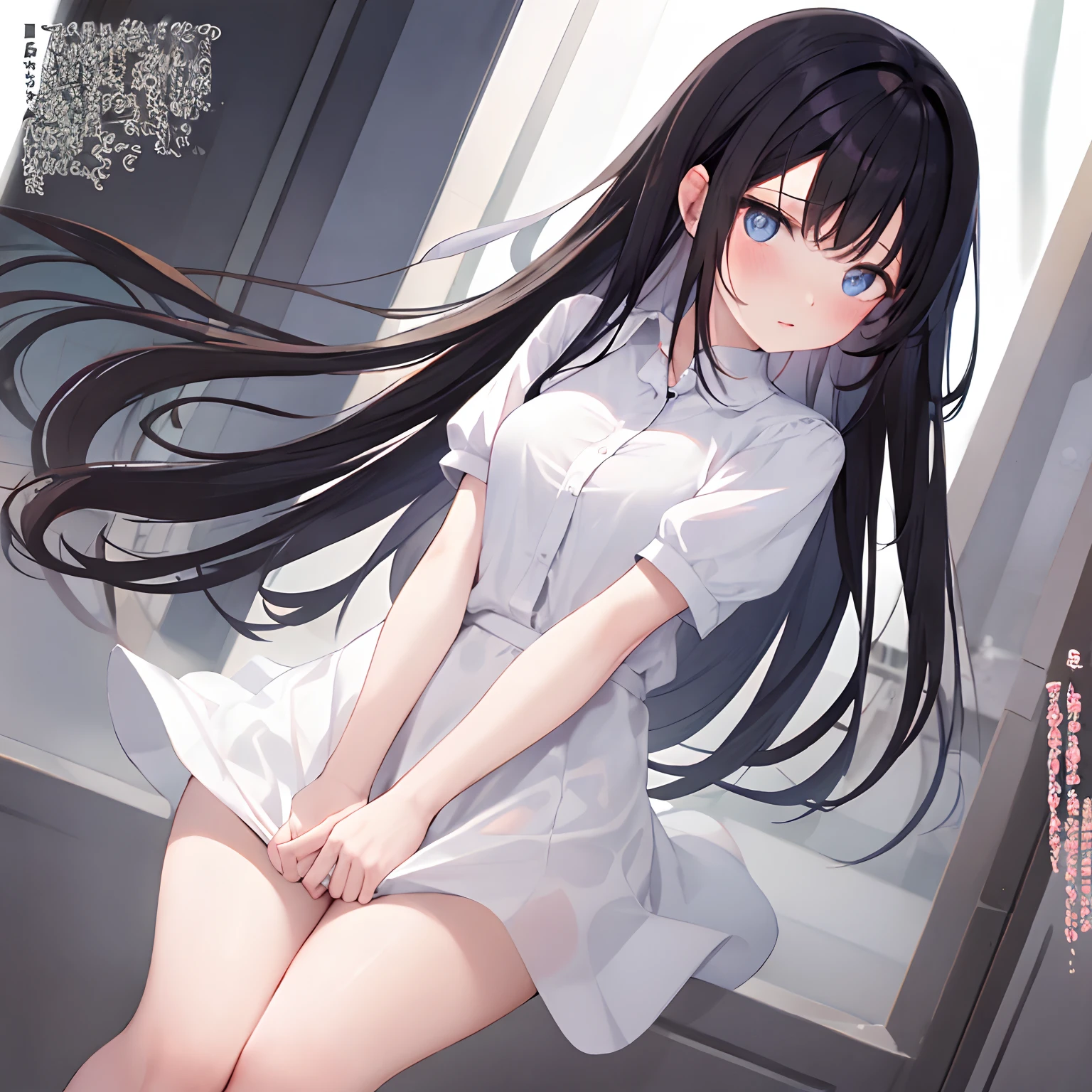 1girl, long black hair, blue eyes, wearing plain white shirt, skirt, city, absurdres, high res, ultrasharp, 8K, masterpiece, looking at viewer