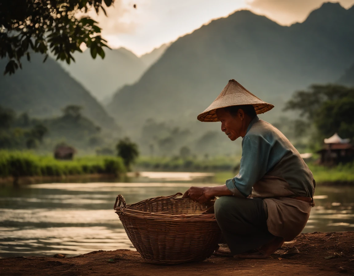 farmers in laos with a harvet season, mountain, cloudy, by the river, high view, fishing in a farm, no hat, they happy with their simple life, some thing flying behind them, good weather and good moment, soft lightning