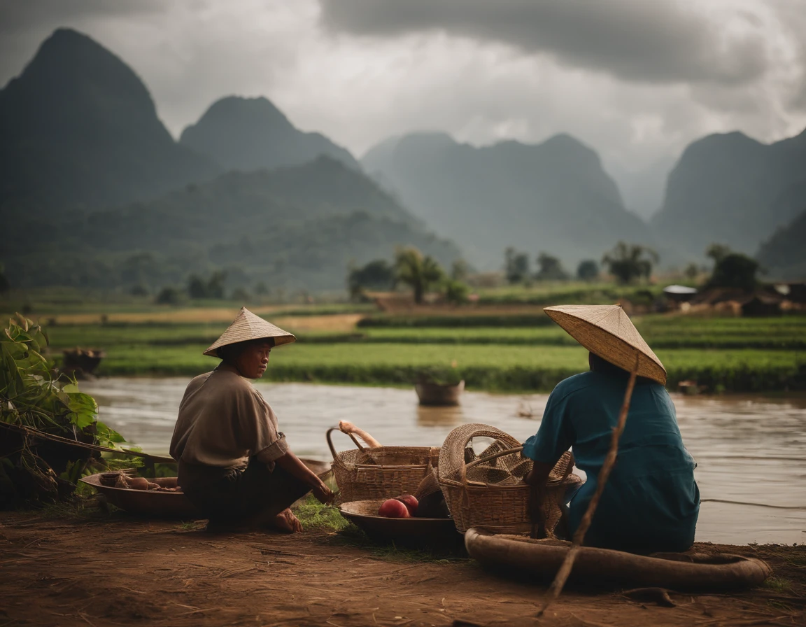 farmers in laos with a harvet season, mountain, cloudy, by the river, high view, fishing in a farm, no hat, they happy with their simple life, some thing flying behind them, good weather and good moment, soft lightning