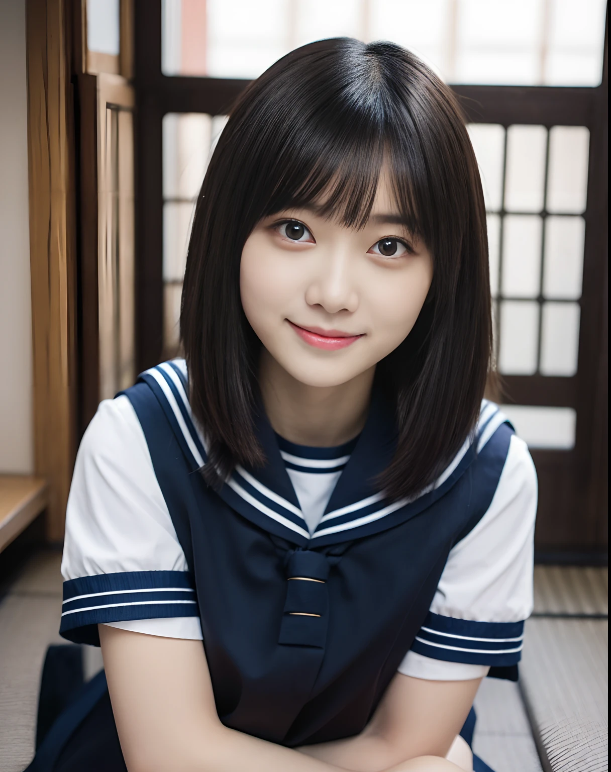 zydG, 1girl in, More skin, Look at viewers, Brown-eyed, (Black hair straight hair with bangs), cparted lips, tusk, A smile, (Face Focus:1.4), write,
(Photorealsitic:1.4), (Top image quality:1.0), (超A high resolution:1.0), 8K, Raw photography, (masterpiece:0.2), (Japan schoolgirl traditional school uniform、White short-sleeved sailor uniform:1.5), (Navy blue pleated skirt:1.2), portlate,
()、 (Beautiful figure:1.2)、((beautiful countenance、Beautiful figure:1.2))、(hyper pretty face:1.5), (drooing eyes:1.2), Black hair straight, Nogizaka46、AKB48、Wolf cut hair、Middle hair、