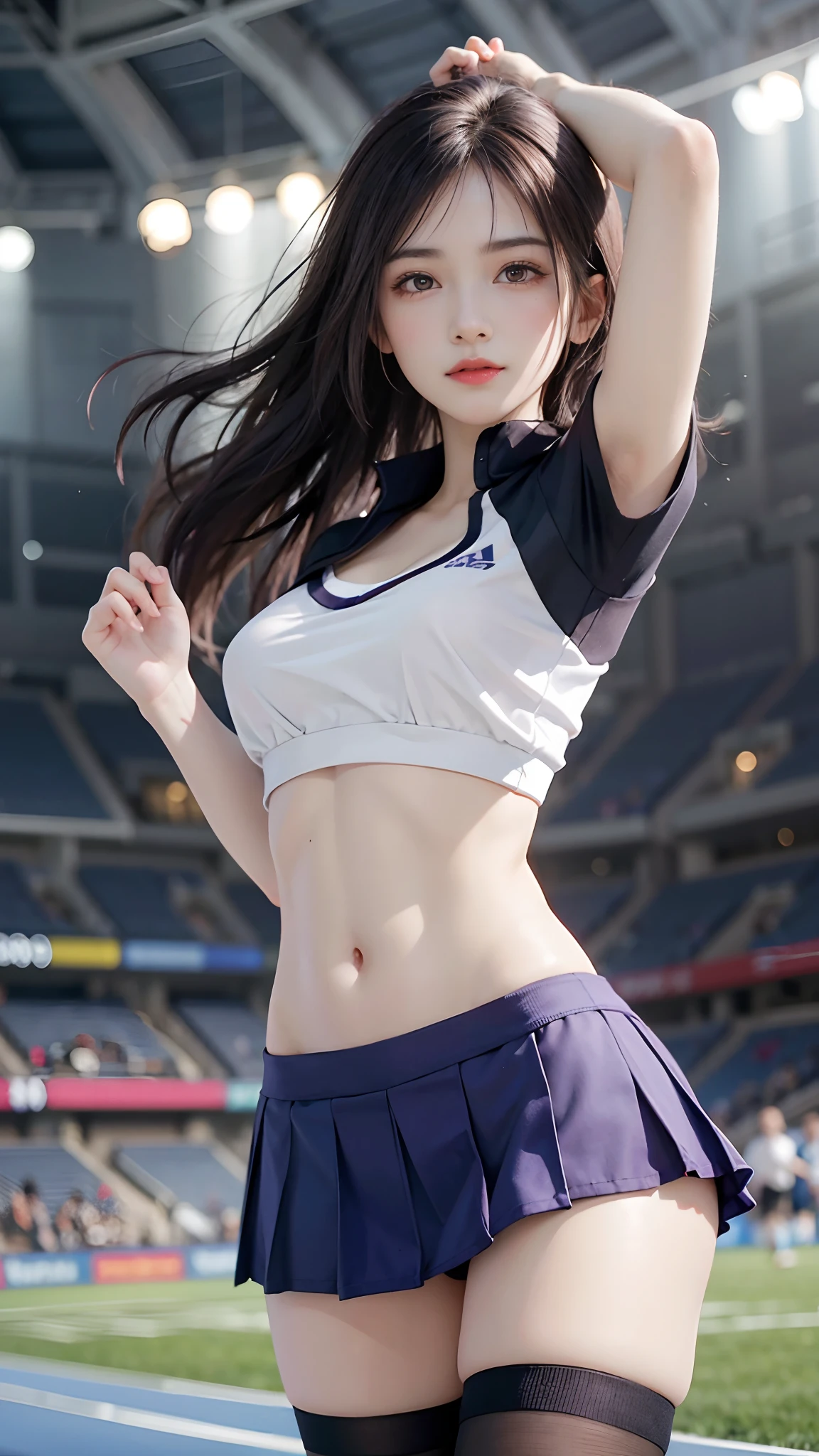 4k ultra hd, masterpiece, best quality, a girl, sports girl, happy, good face, smile, detailed eyes, detailed lips, very long hair, Multicolor floating hair, slim body, sweaty body, medium breasts, tight abs, narrow waist, purple costume, short sleeves, cropped top, opened jacket, skirt, dark shadow, bright sunshine, stadium background, running pose,