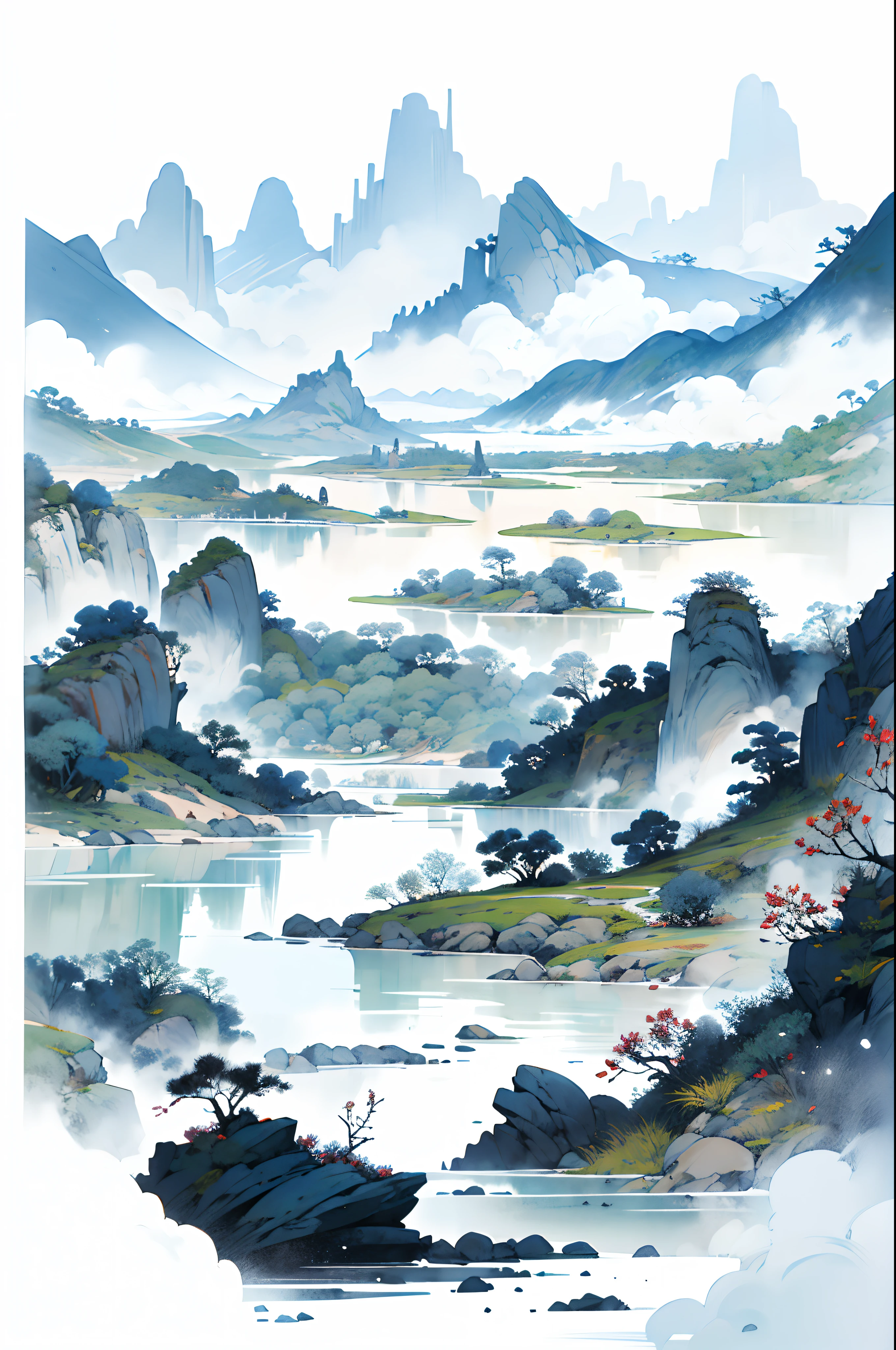 Ink scenery，white backgrounid，Deep indigo and green，desolate scenery，ink，Wide River，florals，baiyun，kotori，Broad perspectives，High angle of view，clean and simple lines