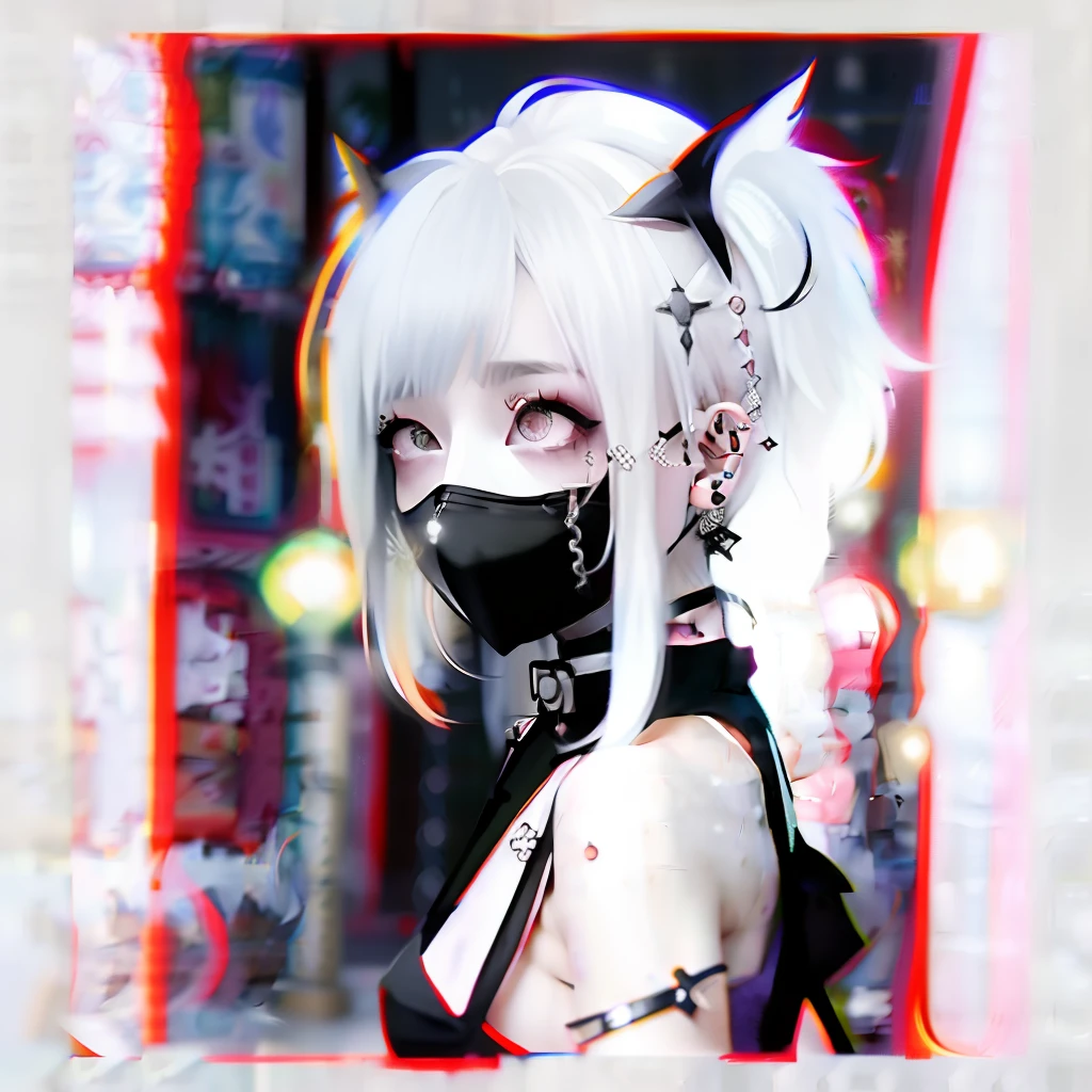 Red-haired、goth_punk, 1girl in, 独奏, medium shot, Walking in Harajuku, ((during night)), White eyebrows, ( white hair), 耳Nipple Ring, bangs, jewely, masks, bluntbangs, Mouth, hair adornments, Looking at viewer, short hair, portraitures, side locks, front facing, facing forwards