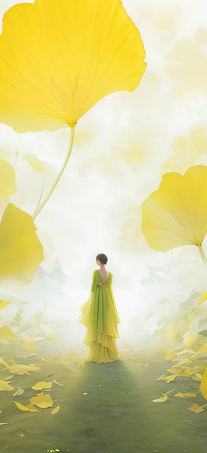 A woman in a green dress stands, Stand gracefully on the pile of dead leaves, yellow aura, beautiful yellow woman, Ethereal!!!, a goddess in a field of flowers, Ethereal!!!!!!!, The yellow tone is reverent and ethereal,