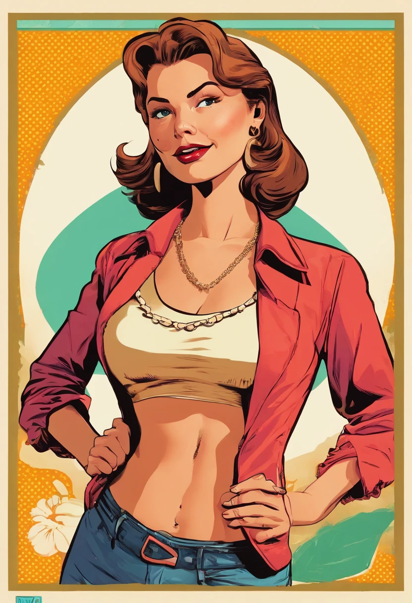 masterpiece, best picture, pop art culture style, pulp style , break, a 20 year old woman, standing, wearing casual dress, as a property agent, in retro style, looking friendly at the viewer, her two hande eksplained as if inviting her to buy, polite clothes, break, (plain white background), best angle, best view, body shot