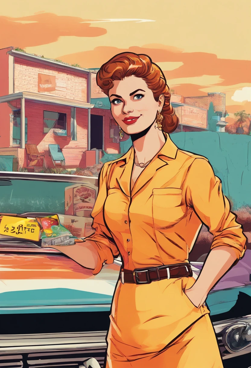 masterpiece, best picture, pop art culture style, pulp style , break, a 20 year old woman, standing, wearing casual dress, as a property agent, in retro style, looking friendly at the viewer, her two hande eksplained as if inviting her to buy, polite clothes, break, (plain white background), best angle, best view, body shot