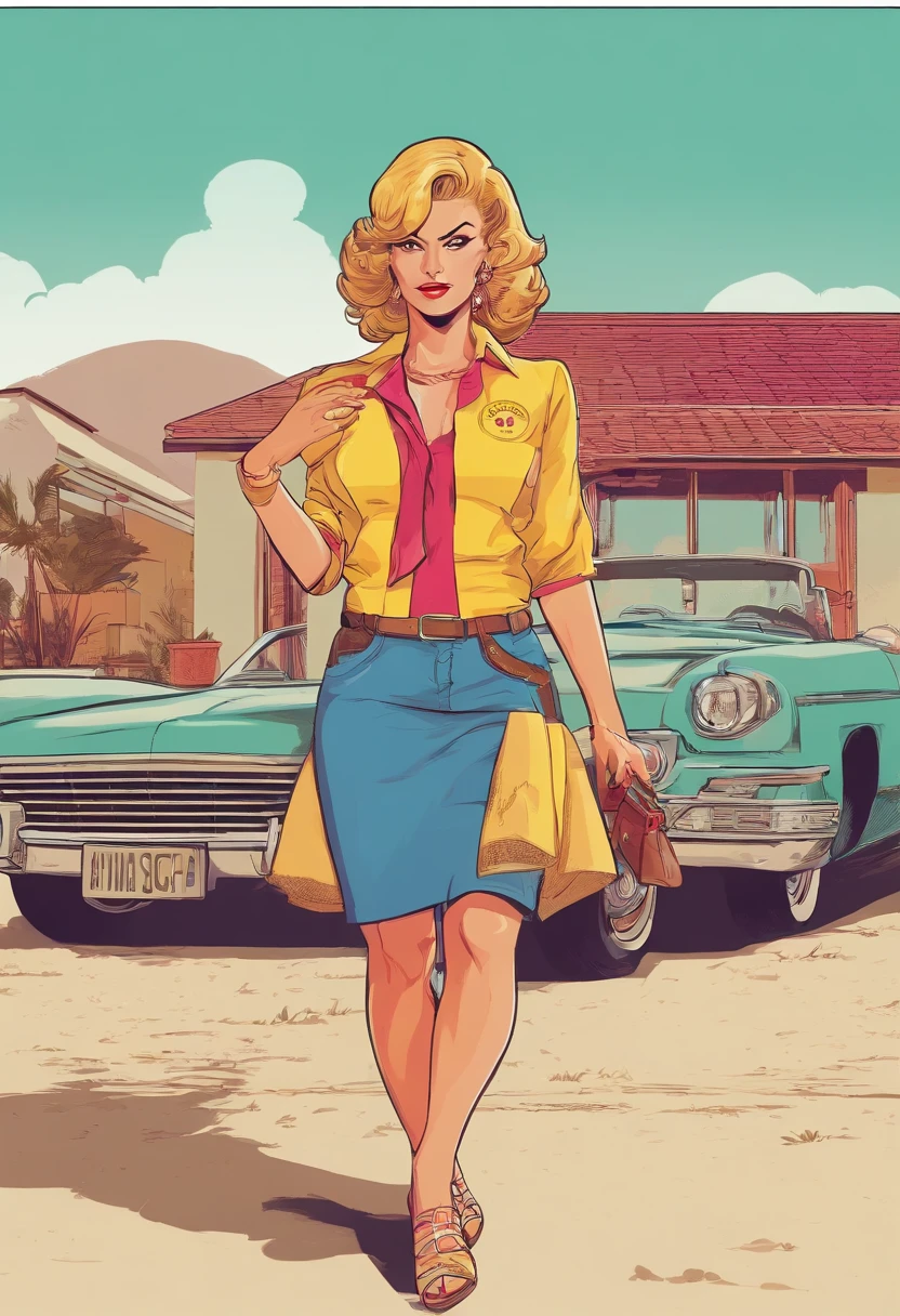 masterpiece, best picture, pop art culture style, pulp style , break, a 20 year old woman, standing, wearing casual dress, as a property agent, in retro style, looking friendly at the viewer, her two hande eksplained as if inviting her to buy, polite clothes, break, (plain white background), best angle, best view, body shot