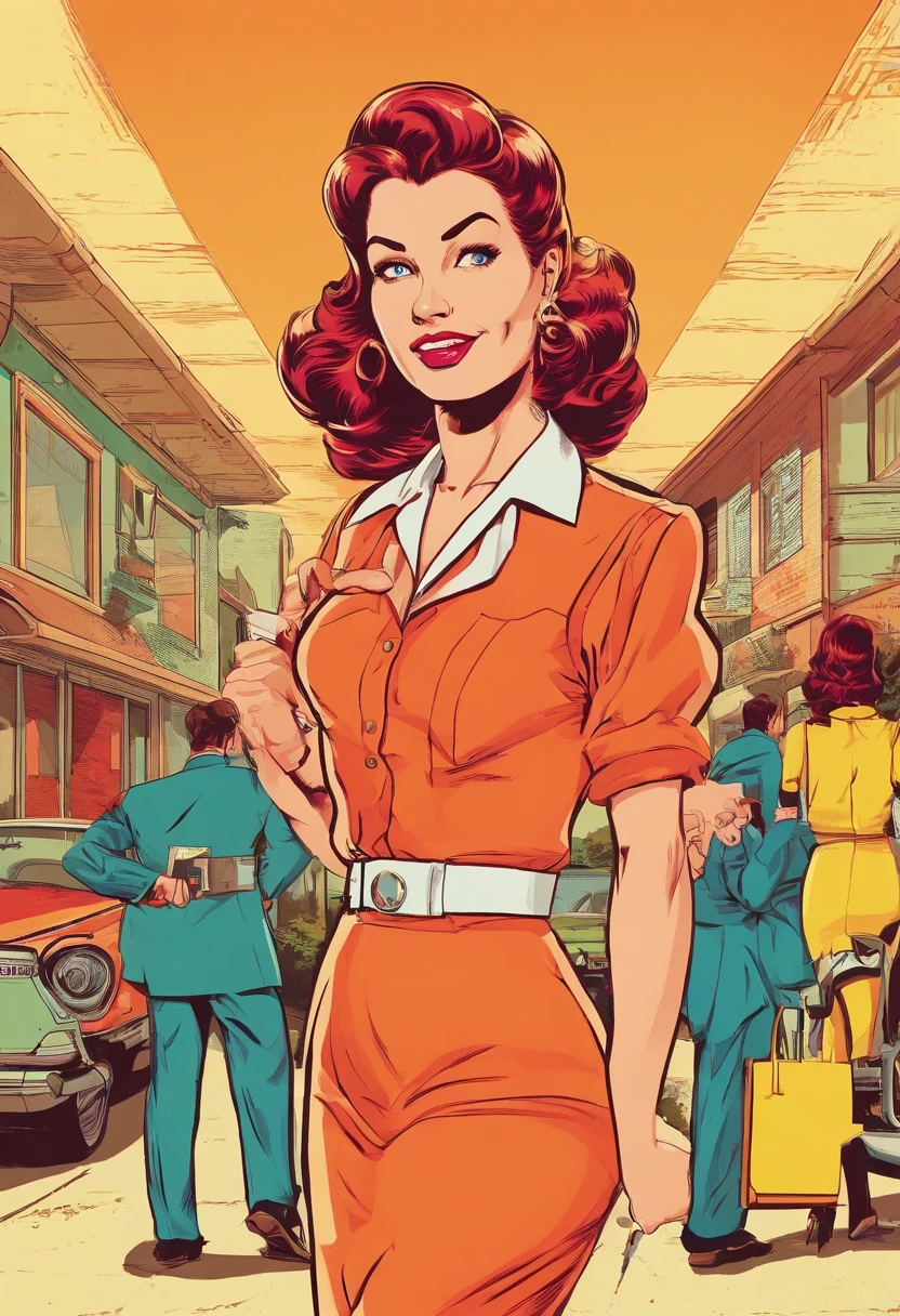 masterpiece, best picture, pop art culture style, pulp style , break, a 20 year old woman, standing, wearing casual dress, as a property agent, in retro style, looking friendly at the viewer, her two hande eksplained as if inviting her to buy, polite clothes, break, (plain white background), best angle, best view, body shot