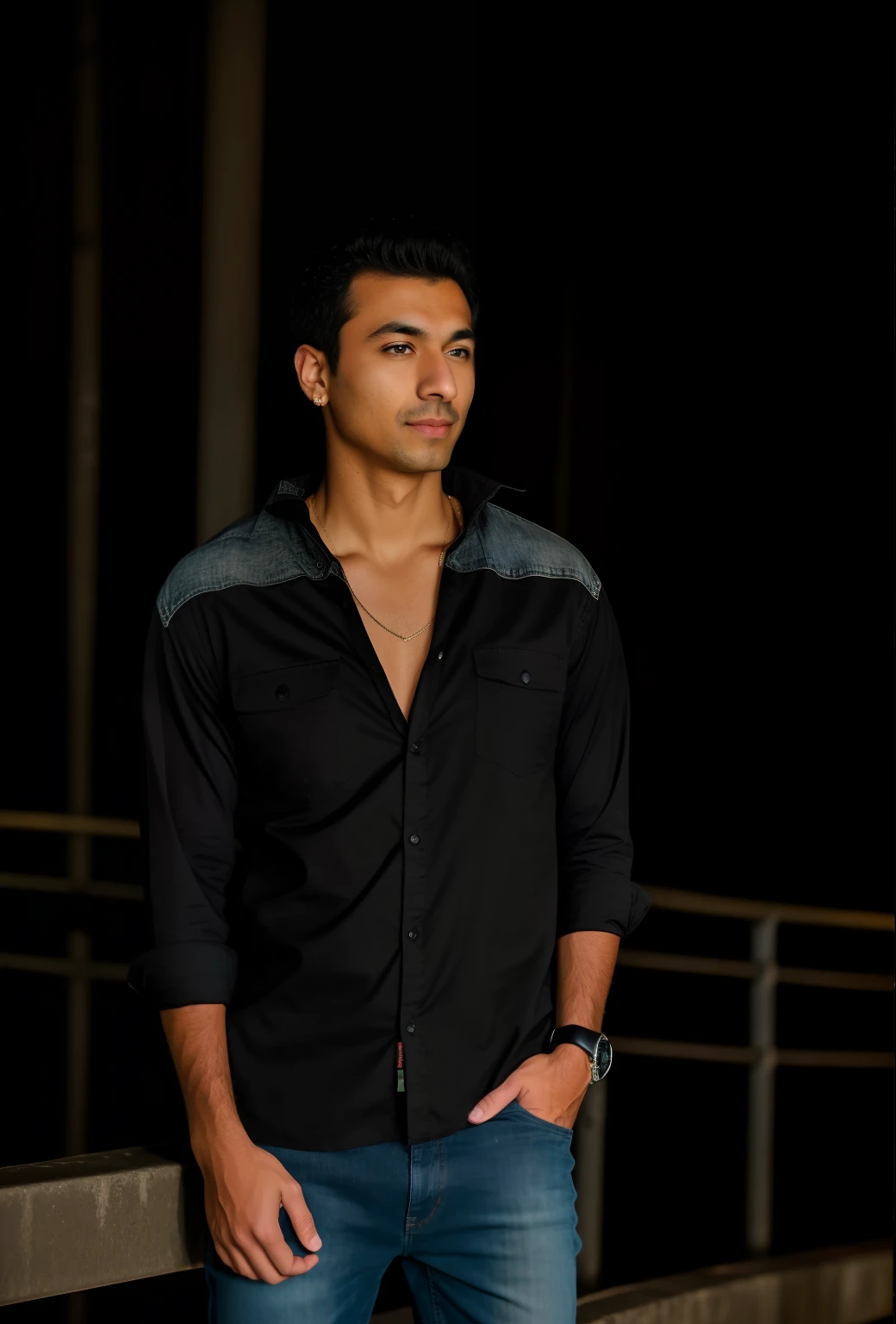 arafed man in black shirt and jeans standing on a bridge, taken with canon 8 0 d, at night time, candid!! dark background, taken with canon eos 5 d mark iv, taken in the night, mid shot portrait, taken with a canon eos 5 d, taken with a canon eos 5d, wearing a dark shirt and jeans