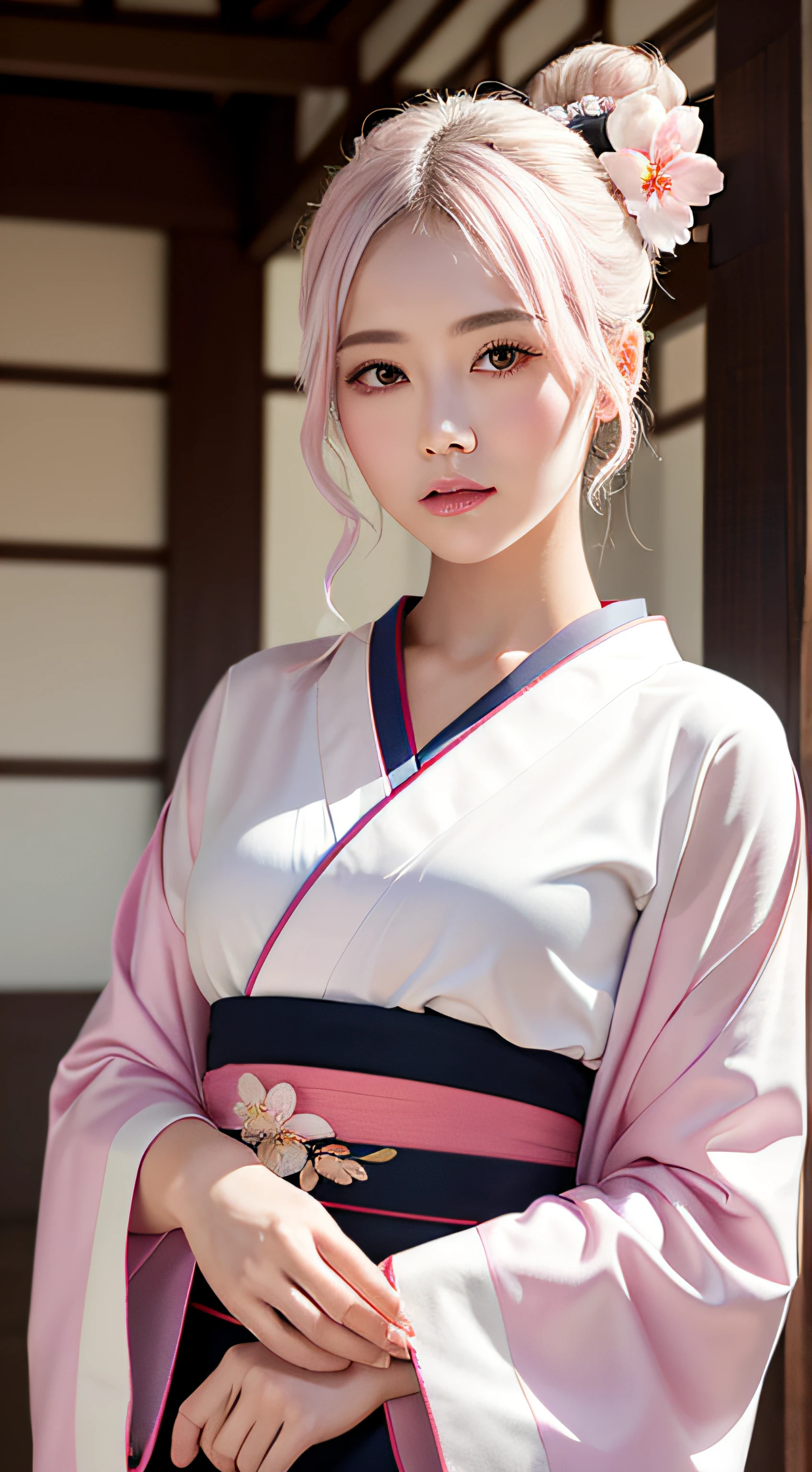 A hyper-realistic, Highly detailed, High resolution 16K image of youth, Beautiful female ghost or guardian spirit. She has pale pink hair and translucent skin, Wear a traditional kimono of Japan with a small cherry blossom design on the obi. This image is、It captures the ethereal beauty and mystique of the spirit world. The style is inspired by delicacy, Soft aesthetics found in Japan traditional performing arts.