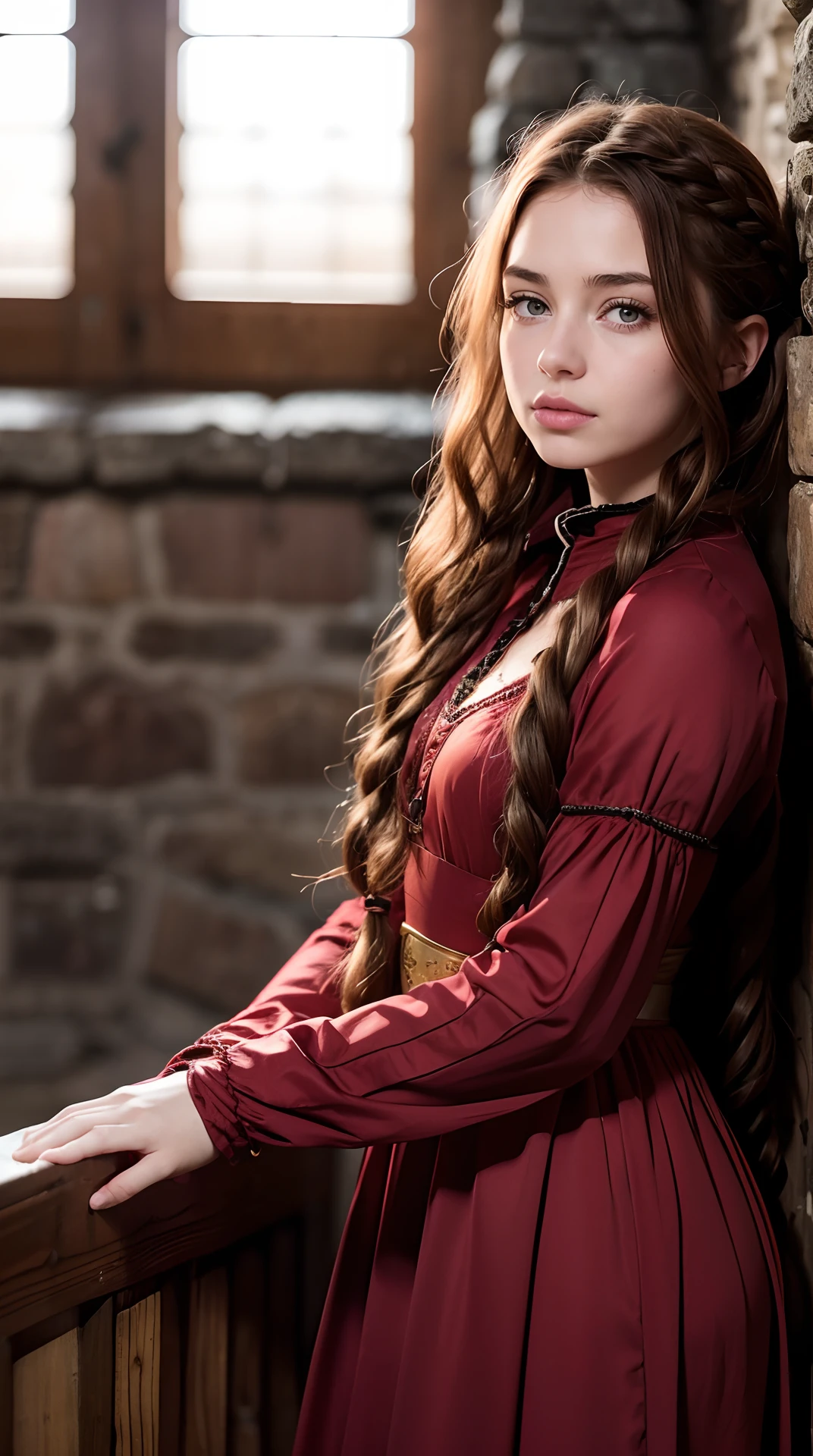 RAW photo, Girl 18 years old, Waist-length image in the center of the composition, pretty, Embarrassed, Long red curly hair braided, ((Medieval dress with long wide sleeves)), (in a medieval castle), blurred background, 8K UHD, dim lighting, hiquality, Film grain, Fujifilm XT3
