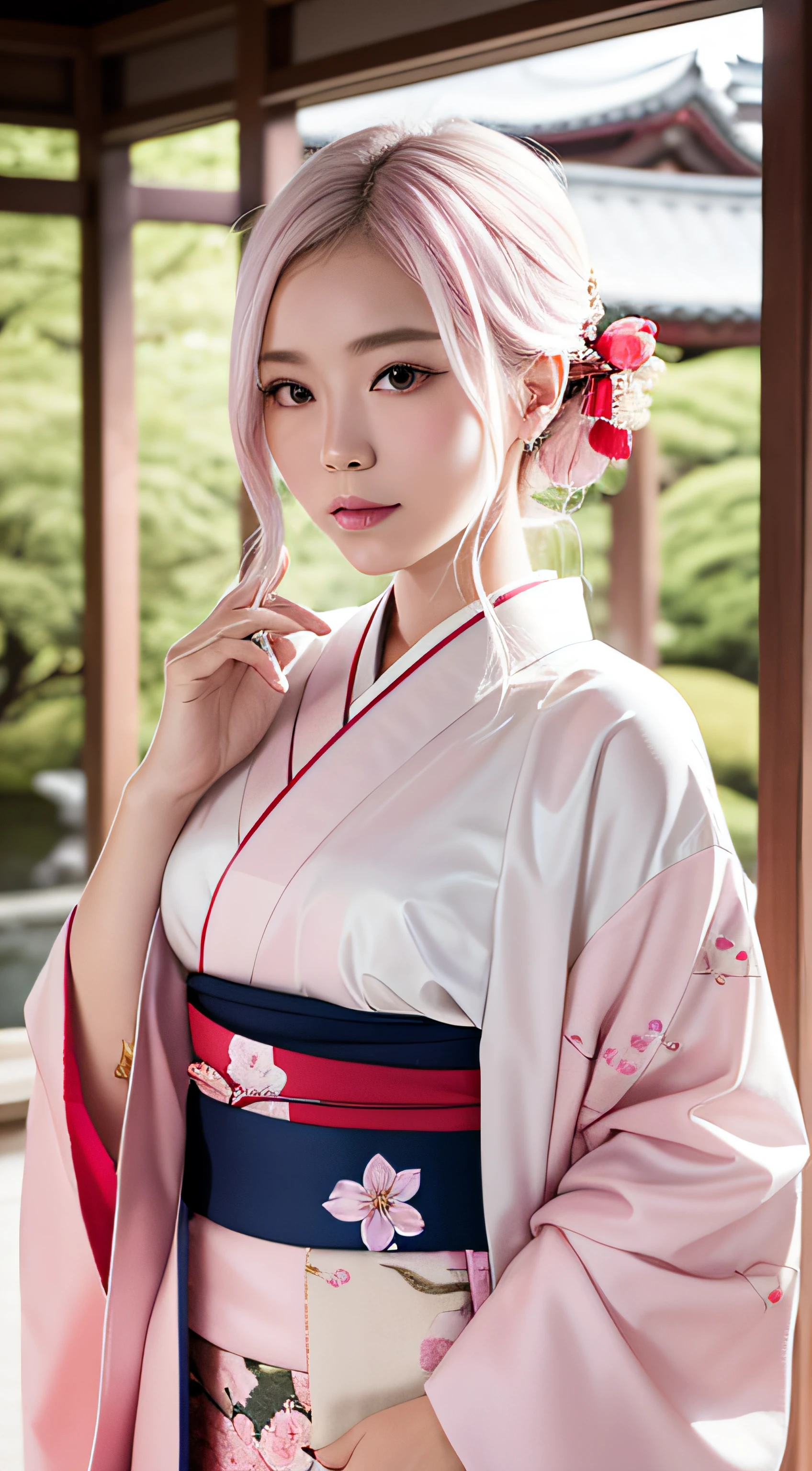 A hyper-realistic, Highly detailed, High resolution 16K image of youth, Beautiful female ghost or guardian spirit. She has pale pink hair and translucent skin, Wear a traditional kimono of Japan with a small cherry blossom design on the obi. This image is、It captures the ethereal beauty and mystique of the spirit world. The style is inspired by delicacy, Soft aesthetics found in Japan traditional performing arts.