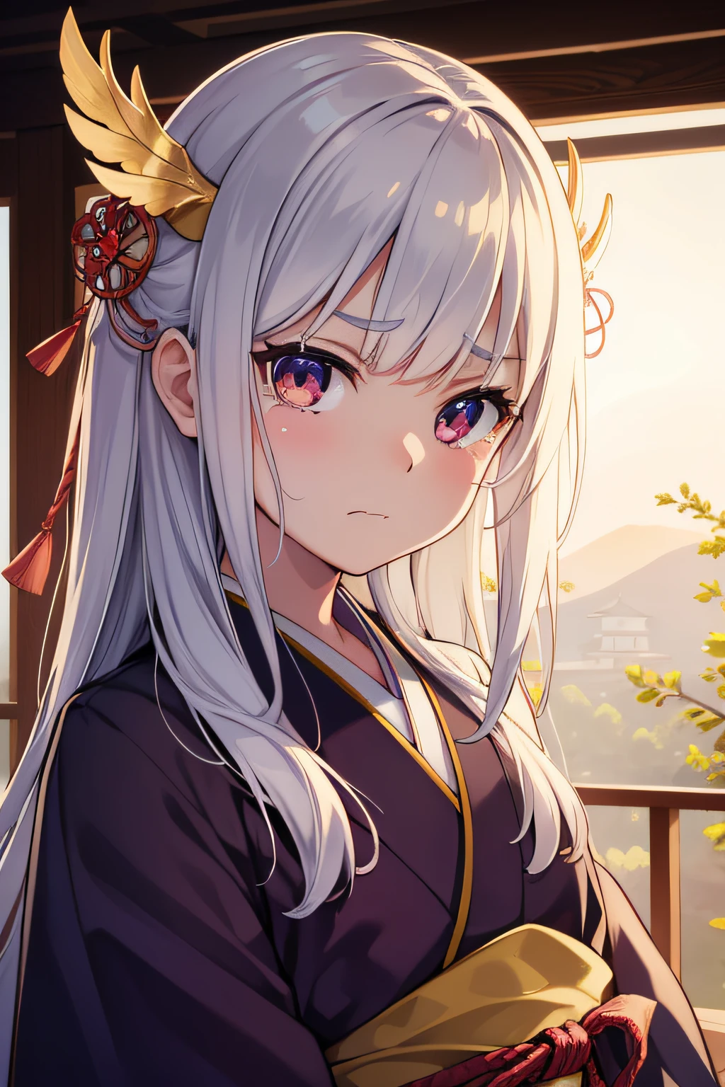 Best Picture Quality, Masterpiece Level, Ultra High Resolution, Realism, Fantasy Theme, Head Close-Up, A Girl, Single, Scatter, Japanese Architecture, Indoor, First-Person Perspective, Phoenix Headdress, Kimono, Get Detailed Interior Lighting and Cinematic Lighting, Increase Detailed Overall Ambient Light, Face and Eye Detail, Improve Face Detail Realism, Clear Sharp Focus, Sobbing, Mouth Biting, Frowning, Bright Eyes, Simple Background, Sony Master Lens.