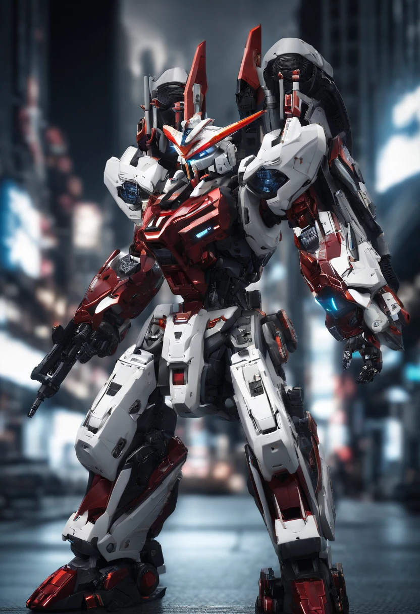 Gundam Mech , Feminine body line,Light equipment,Delicate structure,Science fiction, Front view, Sense of technology, C4D, OC Renderer, Unreal Engine, high detailing, industrial design, 8K HD, studio lights,Futuristic city night view background(Best Quality,4K,High resolution),Image Color: METALIC RED,White and yellow lines,Cat-motif design,Sharp rounded body lines,The structure of the female body,Patlabor
