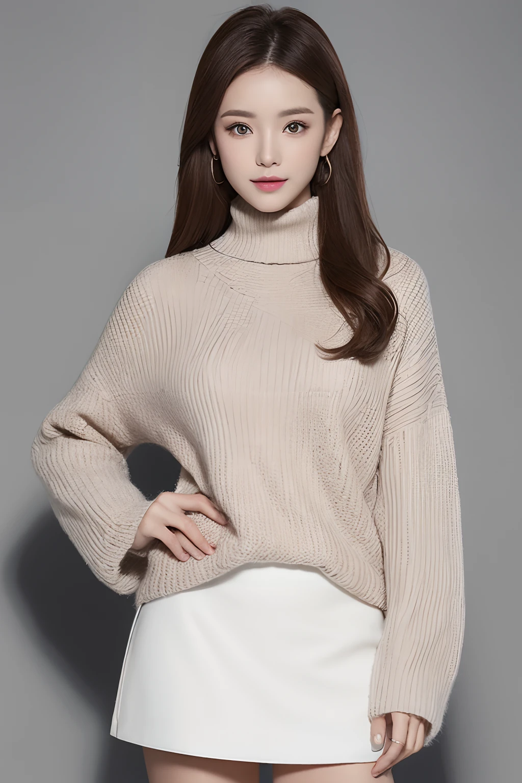 tmasterpiece,E-commerce shooting,Best quality at best,8K,offcial art,cinematric light,超高分辨率,1个Giant Breast Girl,,mature,独奏,jewely,eye glass,a skirt,long whitr hair,looking at viewert,Sweaters,whitesweater,brown hair,with brown eye,white backgrounid,jaket,a skirt,Sleeve over wrist,high-necksweater,longer sleeves,tart,jaket,finger nails