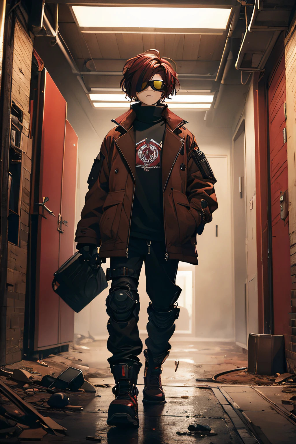 1guy, maroon fluffy hair, huge brown streetwear jacket coat, black pants, brown goggles, 1arm, wasteland, amputee, black turtleneck, abandoned, 1robotic arm, apocalypses