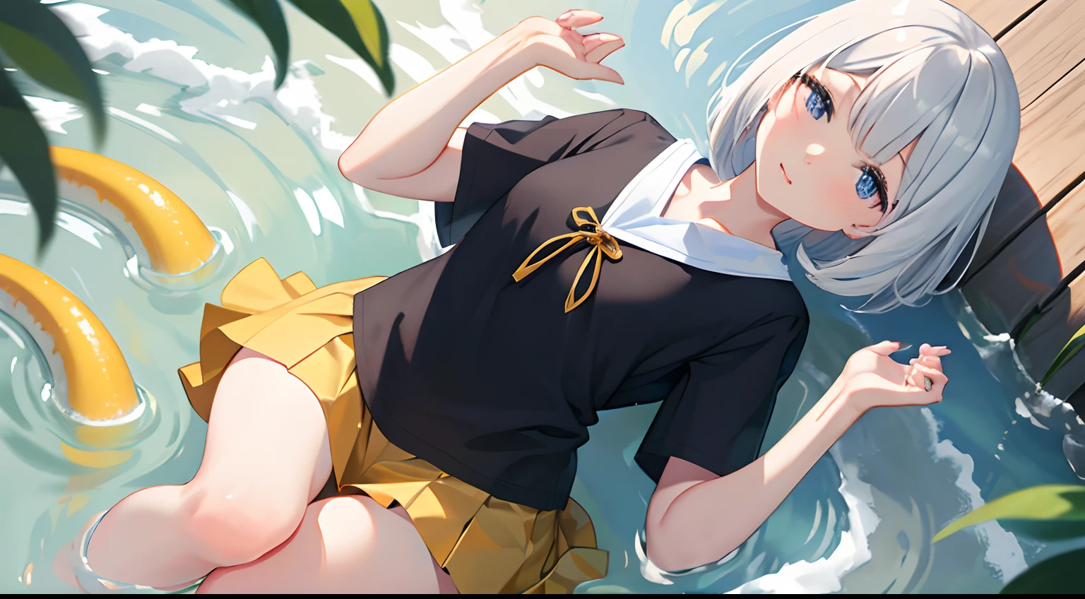 elementary student, ((Medium bob hair)),japanes,((Chiquita)) ,Short sleeved shirt,Shirt is transparent,Raise the skirt with your hands,Pants are visible,bare-legged,dry river bed,Bathing in water,小柄,small tits, (Photorealistic Raw Photos), (High Detail Skin:1.2), 8K UHD, Digital SLR, High quality, High resolution, 4K, 8K, Bokeh, Cute One Girl,Live-action adaptation,