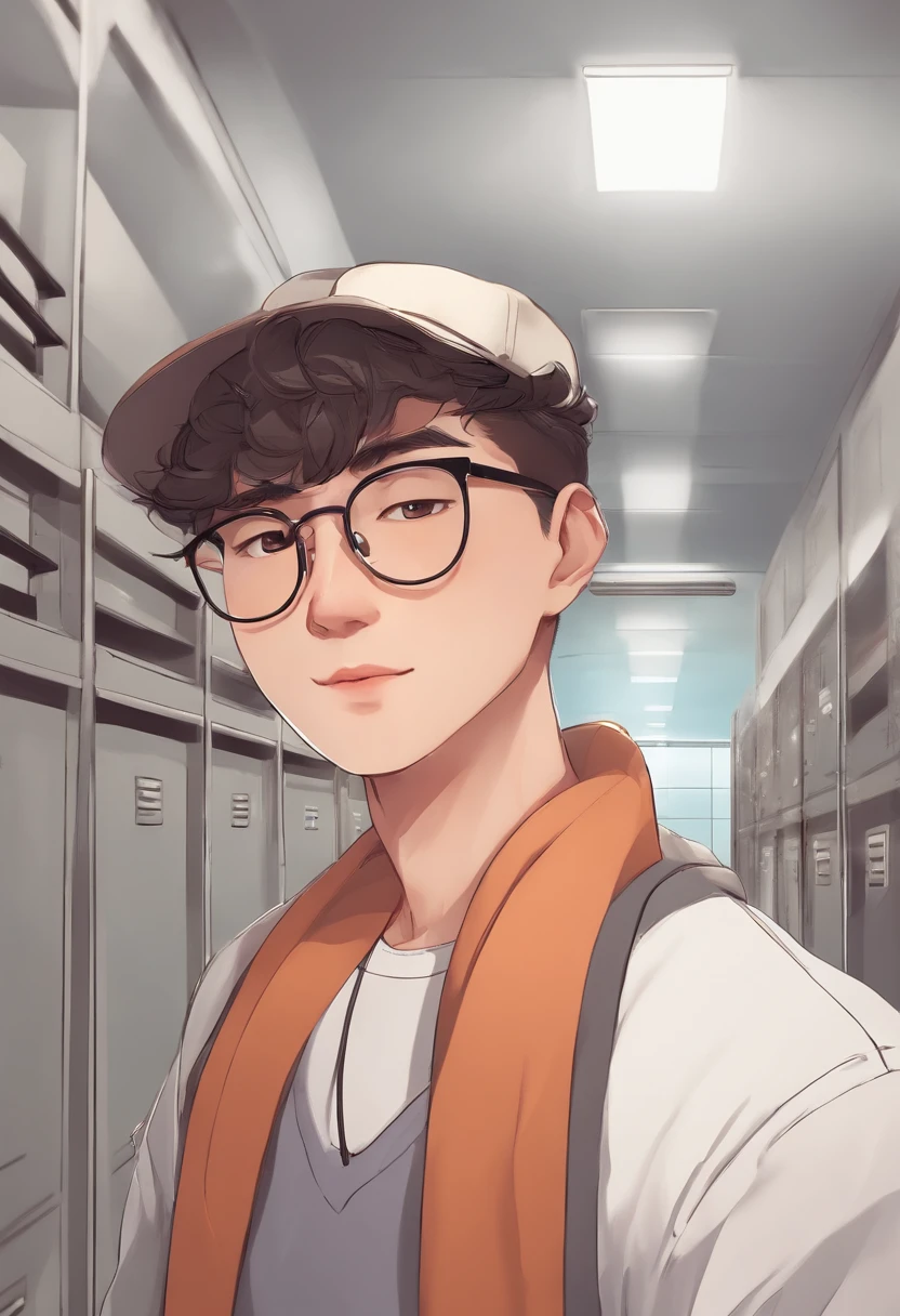 there is a man character anime wearing glasses and a hat standing in front of lockers with curly low fade hair, 8k selfie photograph, south east asian with round face, 2 7 years old, 2 3 years old, 2 8 years old, south east male, 2 2 years old, asian male, 2 9 years old, with round face, 21 years old, selfie shot straight on angle white theme, jaked man