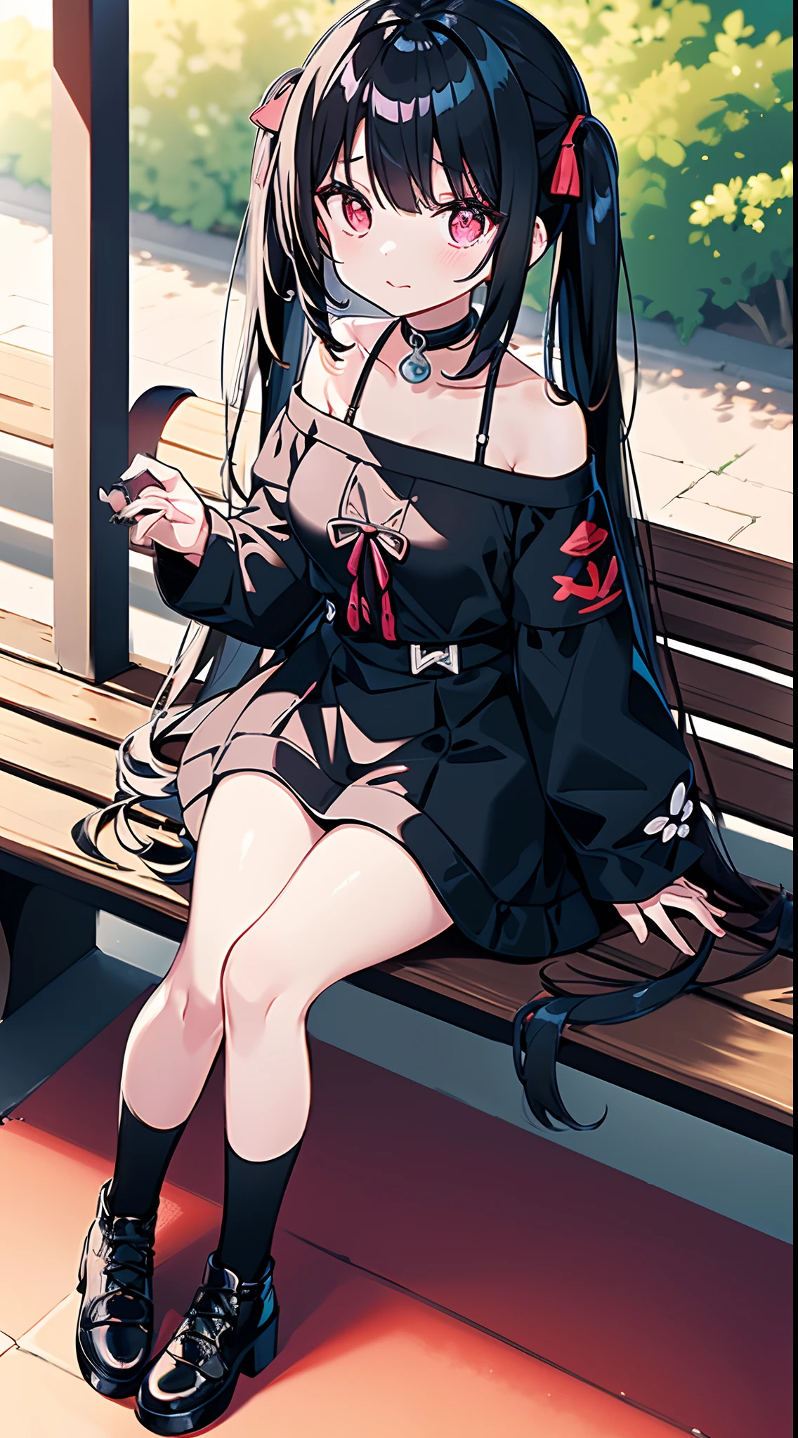 Anime style girl, 1 girl, Solo, Red Eyes, Black hair, Twin-tailed, Hair Ribbon, piercings,,Very cute clothes, off shoulder top, Leather shoes,, a park,Sitting on a bench,Looking at Viewer,