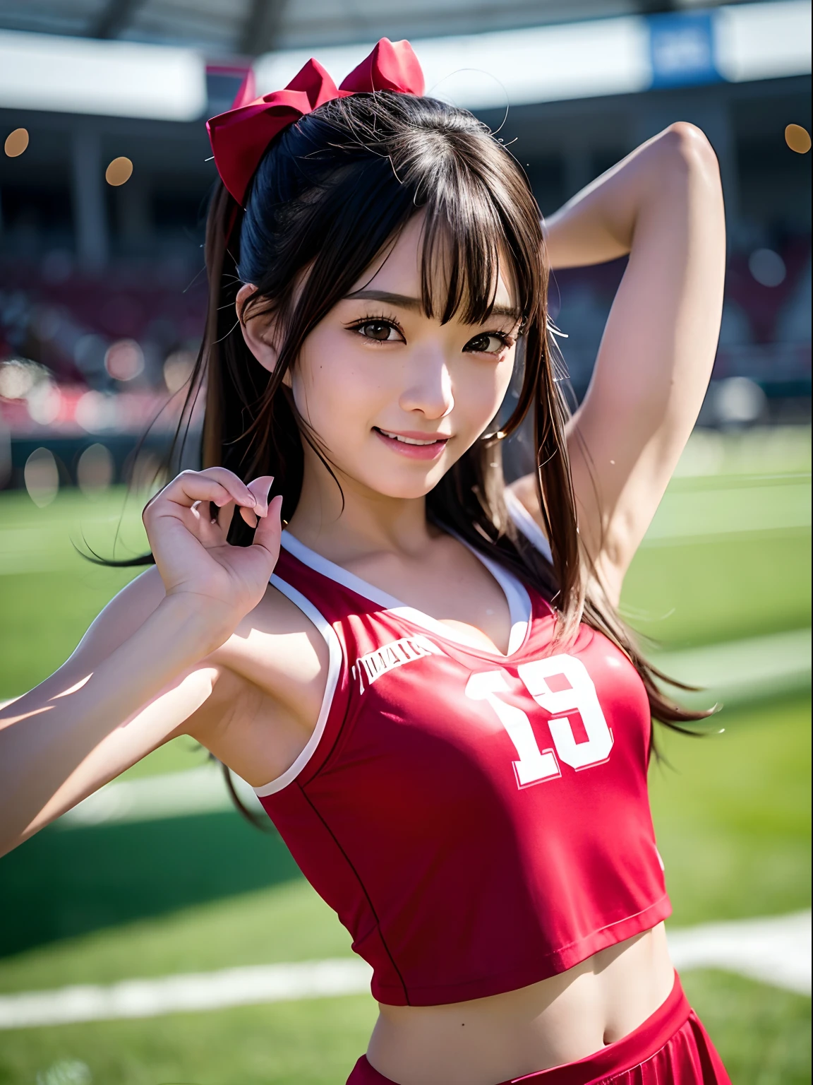 ((top-quality、8K、photographrealistic:1.4、​masterpiece))、Back lighting、highly detailed facial textures women、18year old、(((Bull Cheerleader:1.2)))、((Stadium Background:1.2))、super-detaild skin、beautiful make up、A detailed eye、open open mouth、drooling、Crying with tears、Glossy blonde messy short hairstyle、a miniskirt、Squatting、huge tit、cum on chest