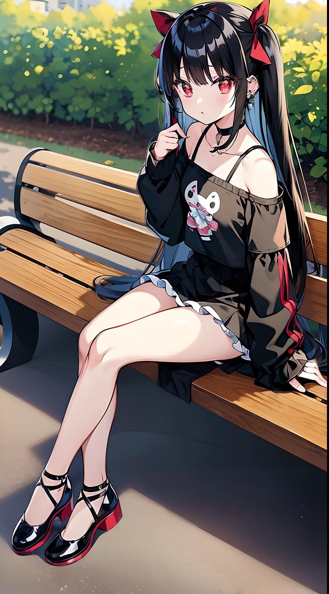 Anime style girl, 1 girl, Solo, Red Eyes, Black hair, Twin-tailed, Hair Ribbon, piercings,,Very cute clothes, off shoulder top, Leather shoes,, a park,Sitting on a bench,Looking at Viewer,
