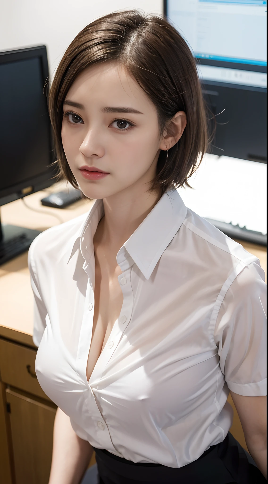 (​masterpiece:1.3), (8K, Photorealsitic, Raw photography, Top image quality: 1.4), Adult women in Japan、((very short-haired、Random hairstyles:1.8、Emphasize:1.8,big breasts thin waist))、Super Detail Face、Eye of Detail、二重まぶた、foco nítido:1.2、prety woman:1.4、light brown hair、top-quality、​masterpiece、超A high resolution、(Photorealsitic:1.4、Being in the company、a desk、personal computers、Japan Office Lady Uniform、Tight button shirt with collar、Short pencil skirt、neck tie、Very big big under the shirt:1.5,Because the shirt is so big、Shirts that are likely to burst、The shirt is wet and the underwear is see-through、Office Casual Setup、Hang the employee ID plate around your neck、boob focused、Silver Slim Frame Glasses、Appeal、Gesture to pull up hair and show ears)、Highly detailed and professional dim lighting、slender、serious facial expression、short-haired、Fatal position