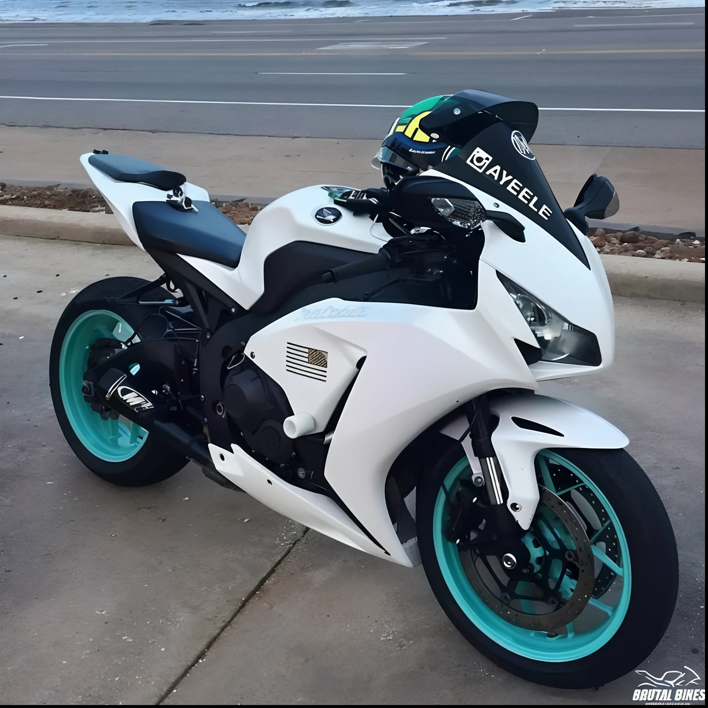 motorcycle parked on the side of the road with a helmet on, white and teal metallic accents, white cyan, matte white paint, nice colors, teal skin, colors white!!, blue tinted, white and teal garment, matt white ice color armor, motorcycle, titanium white, glossy white armor, modded, nice color scheme, green tint, teal, motorcycles