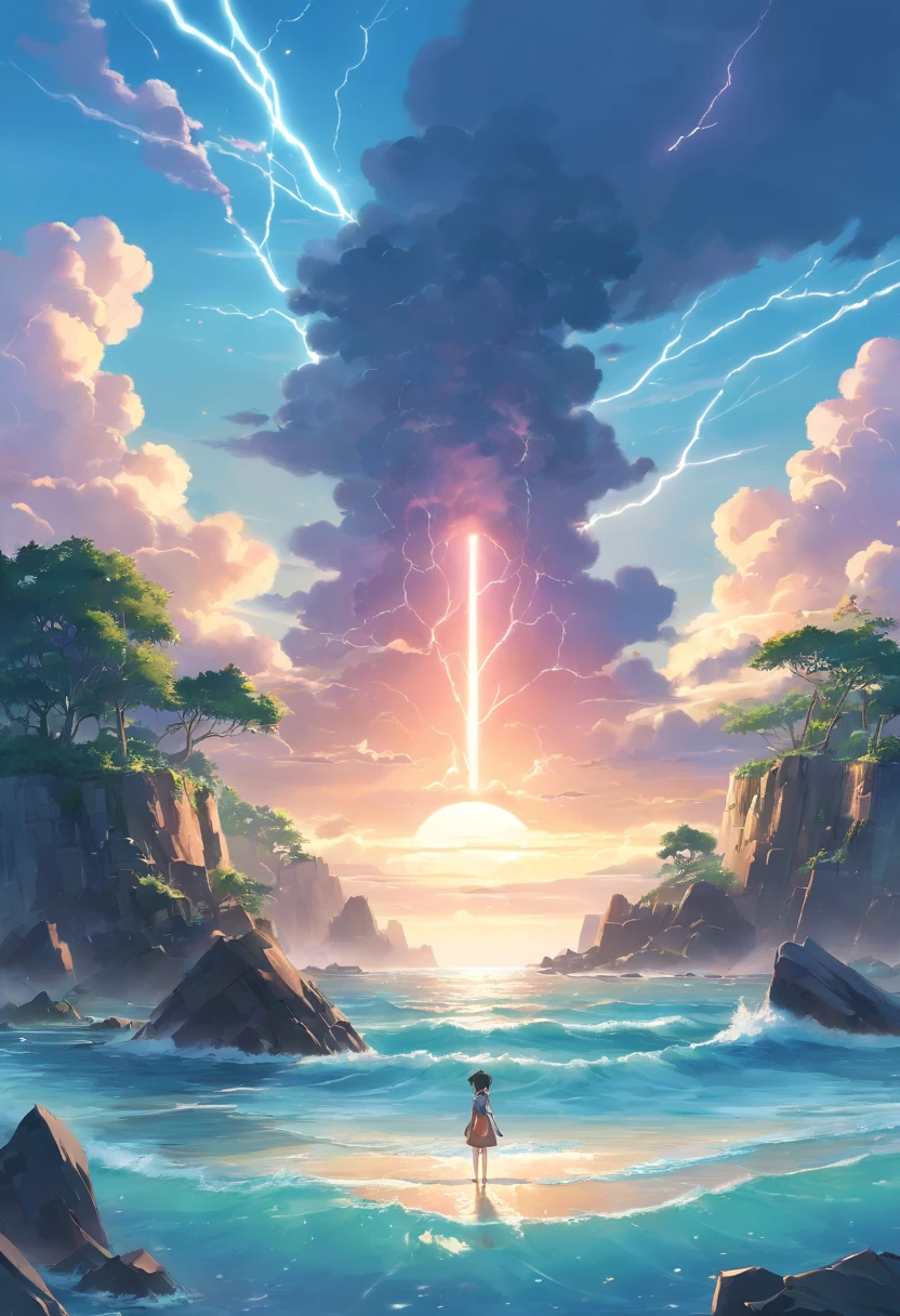 An island formed by huge bones,,There are ruins on the island,Island ruins,Archipelago background in the distance,Sky thunder and lightning,HighestQuali,8K