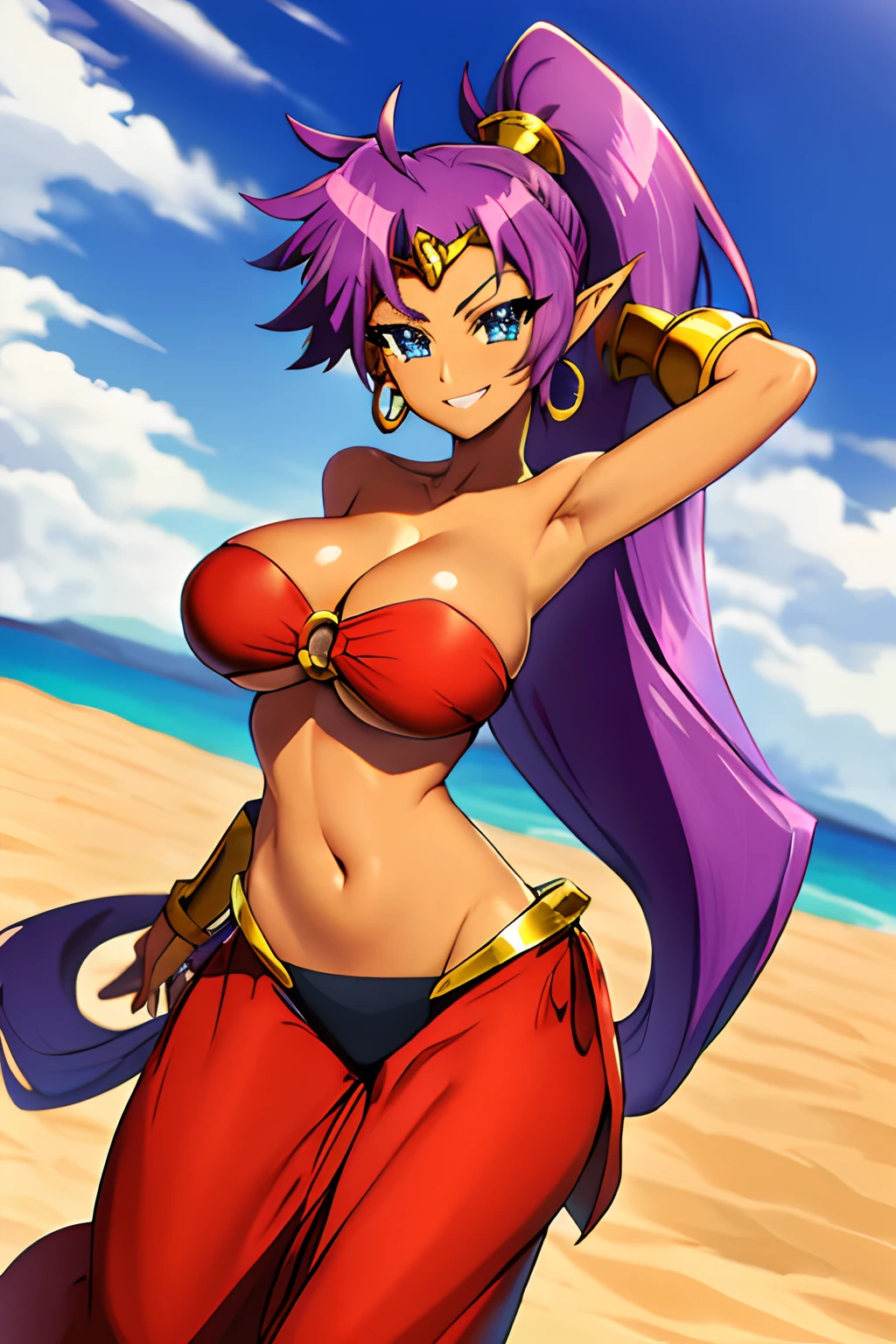 shantae \(og\), 1girl, solo, smile, purple hair, jewelry, dark skin, navel, earrings, cleavage, dark-skinned female, pointy ears, blue eyes, bandeau, grin, hoop earrings, high ponytail, arabian clothes, tiara, pants, arms up, harem pants, o-ring, huge breasts, big hair, o-ring top, forehead jewel, midriff, bracer, desert,wide hips