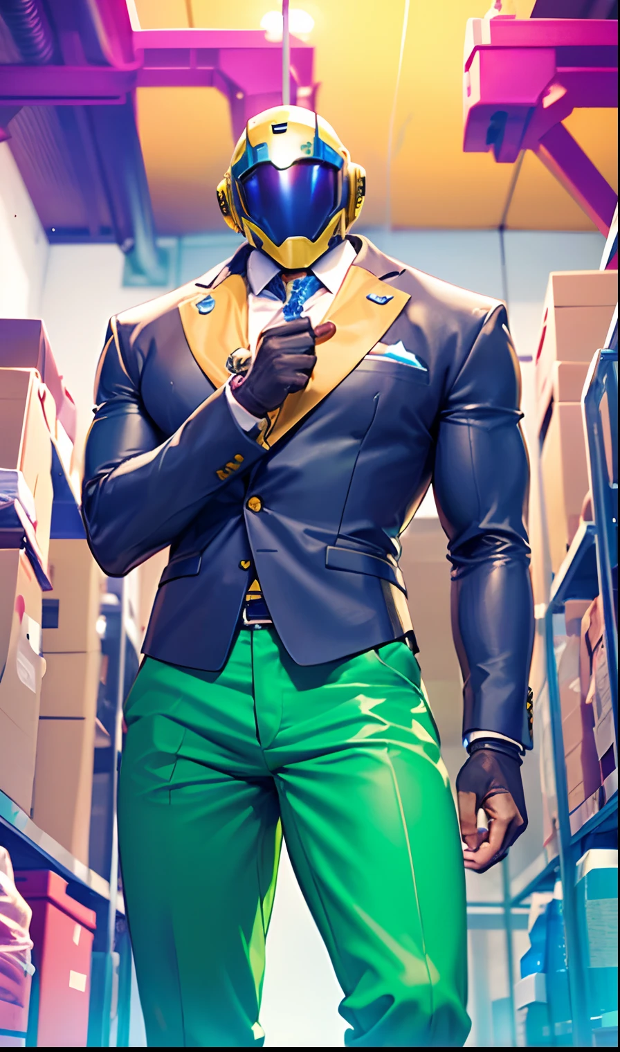 cyborg, robot, male cyborg, muscular male, huge muscle, faceless, yellow helmet covering all of face, cyberpunk style helmet, blue tuxedo outfit, formal, cyborg hands, warehouse background