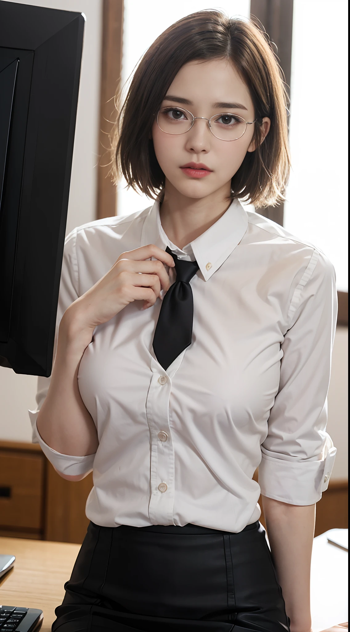 (​masterpiece:1.3), (8K, Photorealsitic, Raw photography, Top image quality: 1.4), Adult women in Japan、((very short-haired、Random hairstyles:1.8、Emphasize:1.8,big breasts thin waist))、Super Detail Face、Eye of Detail、二重まぶた、foco nítido:1.2、prety woman:1.4、light brown hair、top-quality、​masterpiece、超A high resolution、(Photorealsitic:1.4、Being in the company、a desk、personal computers、Japan Office Lady Uniform、Tight button shirt with collar、Short pencil skirt、neck tie、Very big big under the shirt:1.5,Because the shirt is so big、Likely to burst、Office Casual Setup、Hang the employee ID plate around your neck、boob focused、Silver Slim Frame Glasses、Appeal、The gesture of pulling up the hair to show the ears)、Highly detailed and professional dim lighting、slender、serious facial expression、short-haired、Fatal position