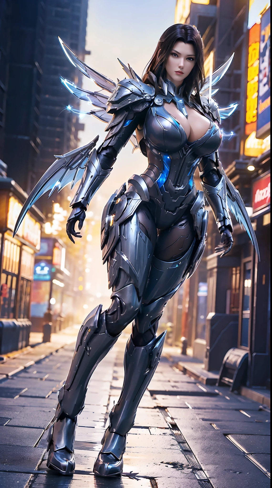 HUGE BOOBS, BLUE LIGHTNING PHOENIX, (BLACK HAIR), MECHA ARMOR FULL SUIT, (CLEAVAGE), (A PAIR LARGEST WINGS), TRANSPARANT, TALL LEGS, STANDING, SEXY BODY, MUSCLE ABS.