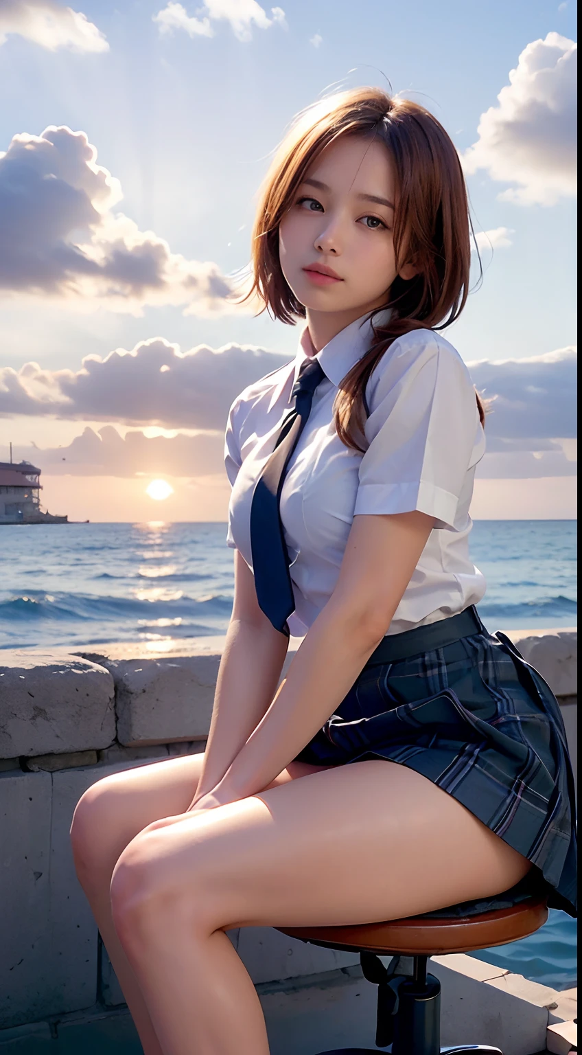 (Best quality, High resolution, Masterpiece :1.3), A pretty woman, ふっくらした大きな胸, くびれたウエスト, 
Against the backdrop of an red-tinted sunset sky with clouds and the sun sinking into the sea, there is a beautiful high school girl in a school uniform sitting. Her hair is light brown, and it’s in a medium bob style. She’s wearing a white blouse and pleated skirt as part of her uniform. She’s sitting with her legs apart, and her gaze is directed towards the camera. Please create this scene from a low-angle shot.