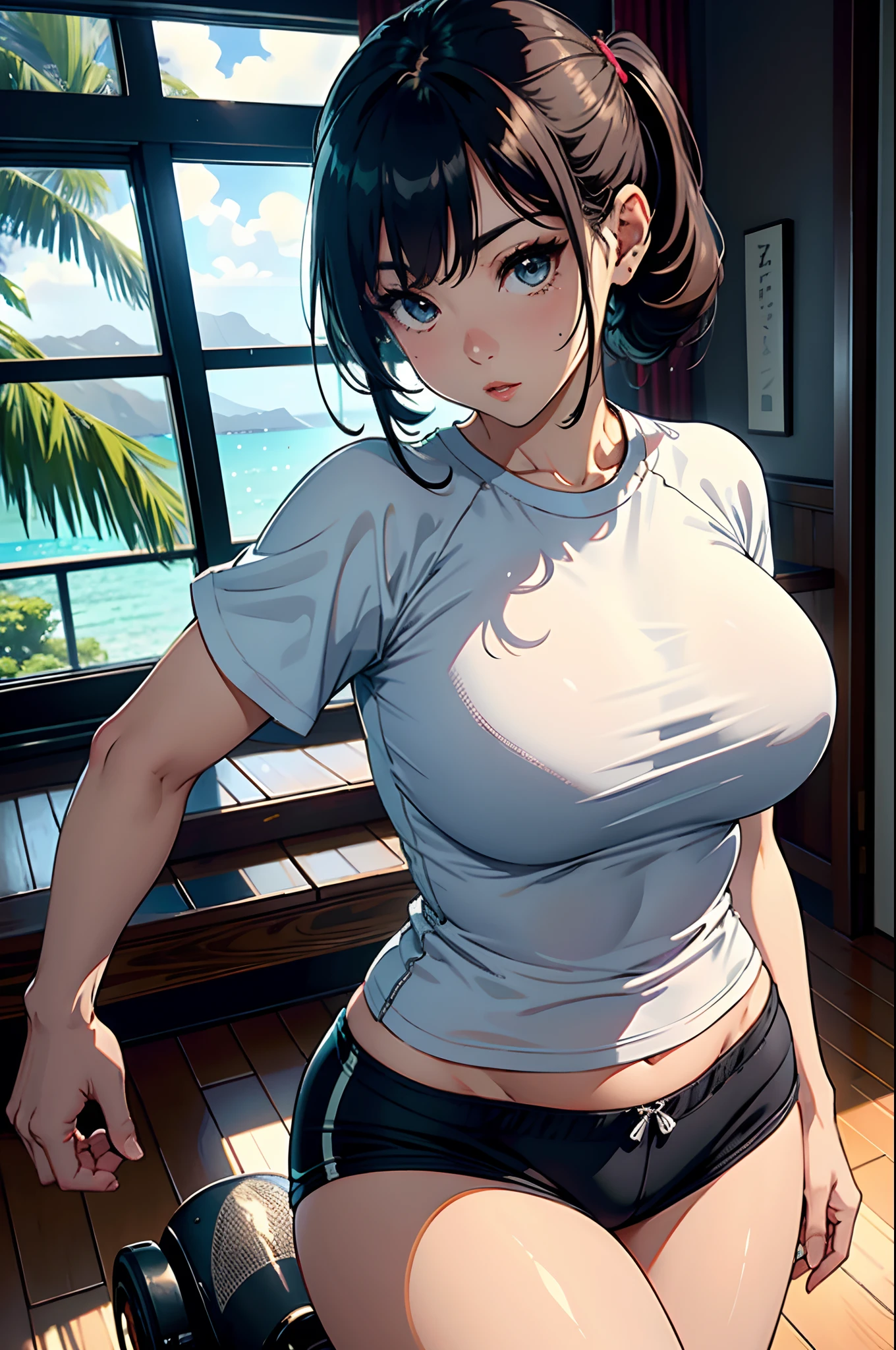 Curvaceous but slender、bionde、silber hair、ornament detached、accessorized、Muchimuchi Body、Muscle Training Girls、mole、Distinctive charm points、Thin eyebrows、Sauce order、poneyTail、plump lips、Physical beauty、disheveled hair、Unique fashion、Depiction in motion、hawaii、(top-quality、hight resolution、8k、masterpiece:1.2)。Muscular short-haired woman in fashionable T-shirt shorts、Pedaling on a stationary bike in a Hawaiian room with a view of the sea。Trained muscles are arms and abs、Stand out on the legs。Her sweat is a testament to hard work、The contours of the muscles are beautifully revealed.。The Western-style room has a fairly large floor plan with depth.、Brilliant light streaming in from the window、Illuminates her whole body like a Hollywood actress。On the walls of the neat mansion-like room, artistic paintings and stylish art works are displayed.、Please depict her challenging her limits with a powerful expression.。