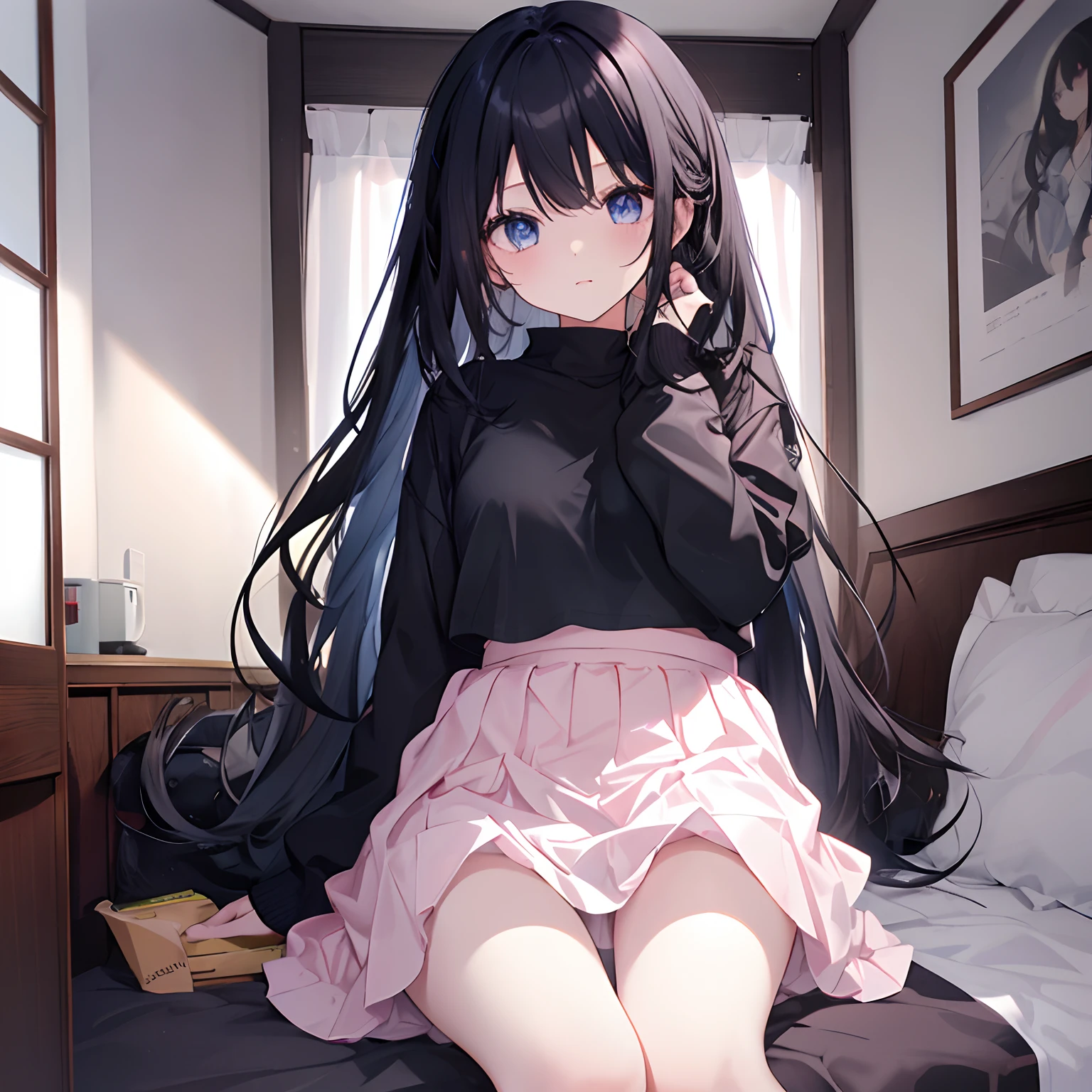 1girl, long black hair, blue eyes, wearing plain white shirt, pink skirt, bedroom, absurdres, high res, ultrasharp, 8K, masterpiece, looking at viewer,leather jacket,